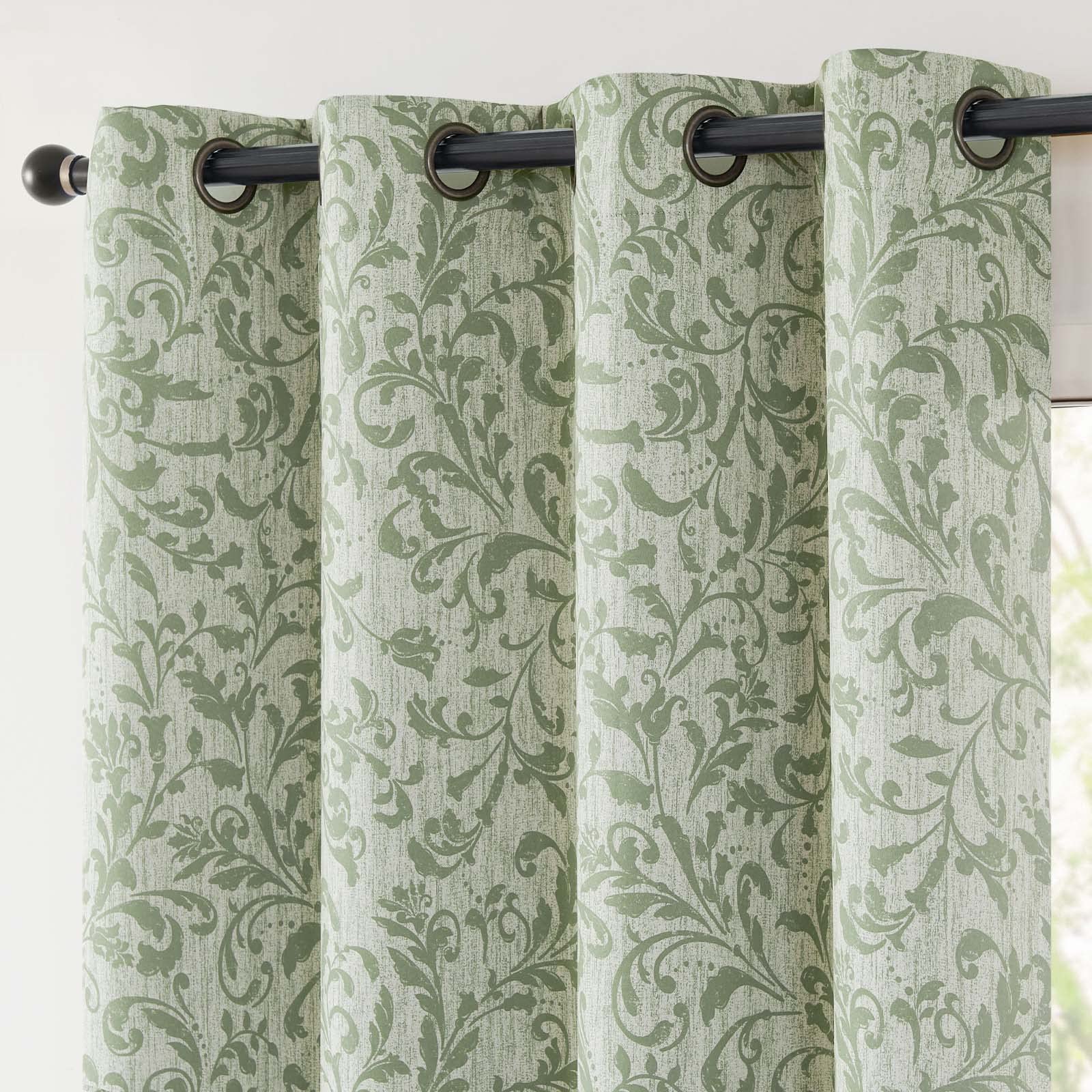 Jinchan 100% Blackout Curtains For Bedroom 84 Inches Long Green Scroll Floral Window Curtains For Living Room Farmhouse Vintage