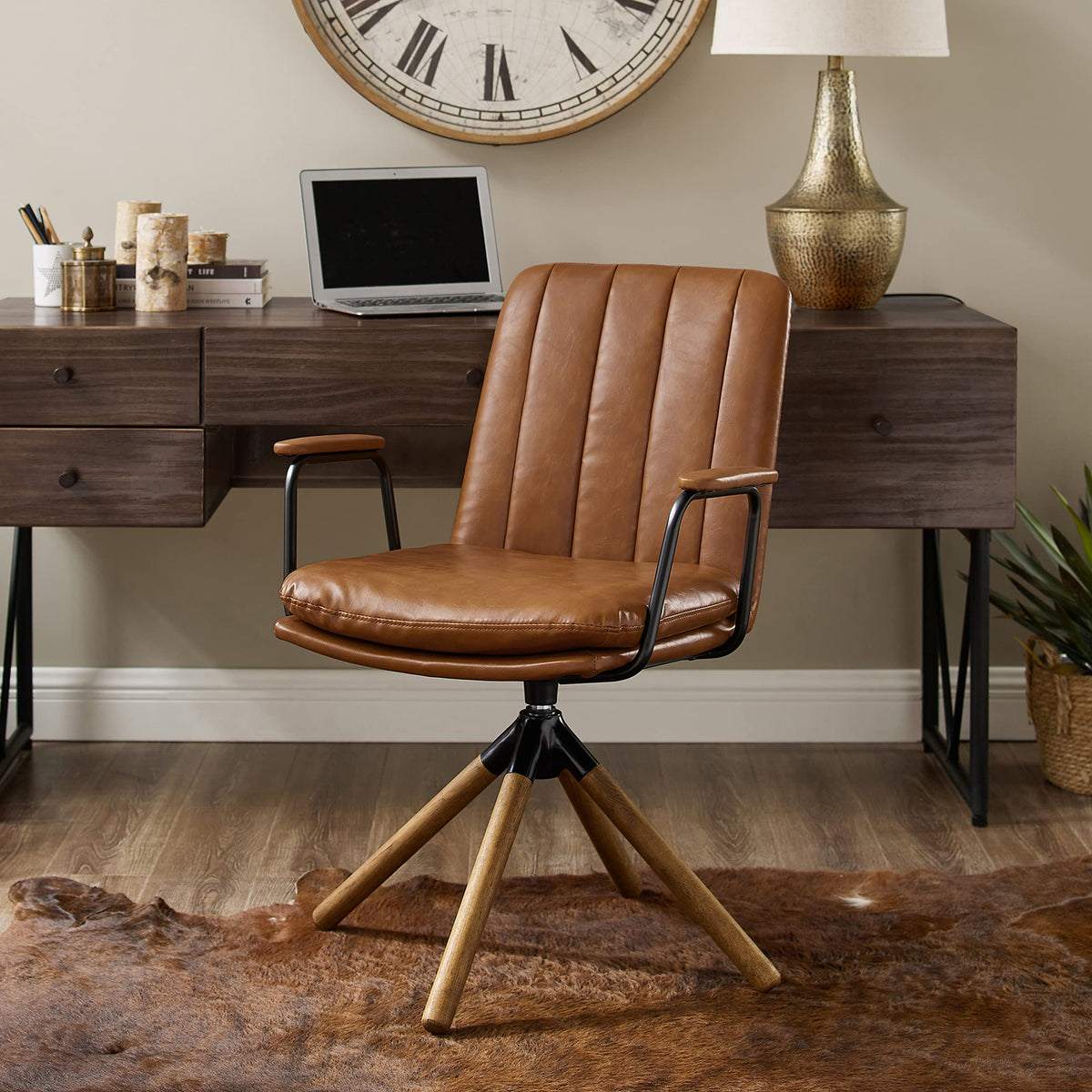 Art Leon Mid Century Modern Chair, Oak Legs Swivel Accent Chair No Wheels, Faux Leather Armchair For Small Spaces Home Office Li