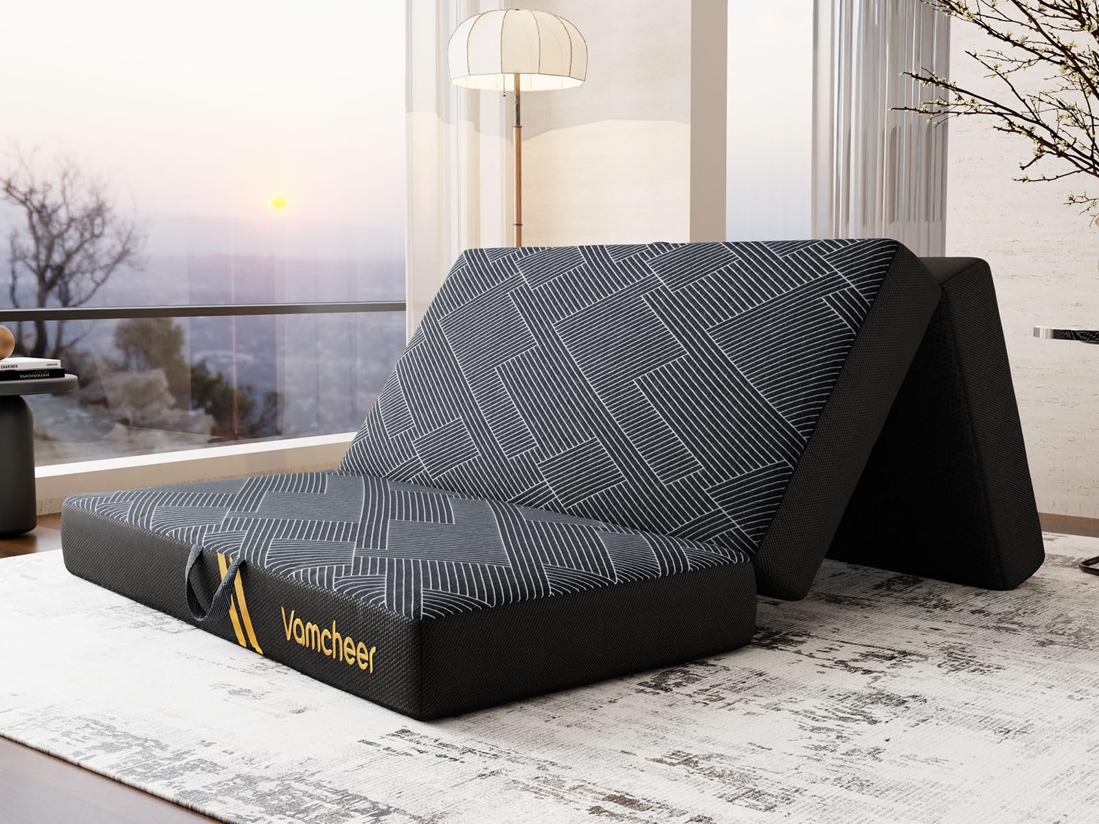Vamcheer Tri Folding Mattress Full Size - 6 Inch Foldable Mattress Portable Tri-fold Memory Foam Mat, Handle & Non-Slip Bottom w