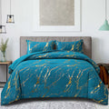Wongs Bedding Teal Gold Metallic Marble Comforter Set King Foil Print Glitter Bedding Sets With 2 Pillowcases For All Seasons, S