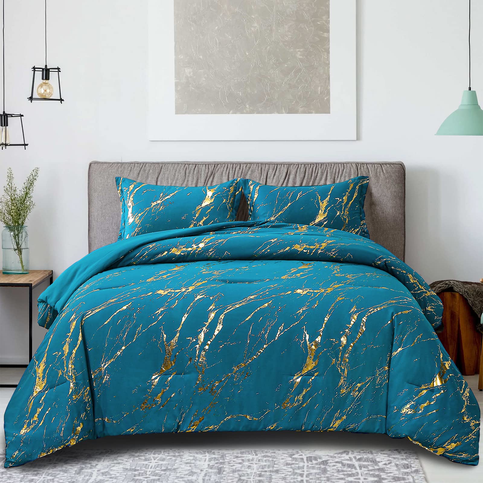 Wongs Bedding Teal Gold Metallic Marble Comforter Set King Foil Print Glitter Bedding Sets With 2 Pillowcases For All Seasons, S