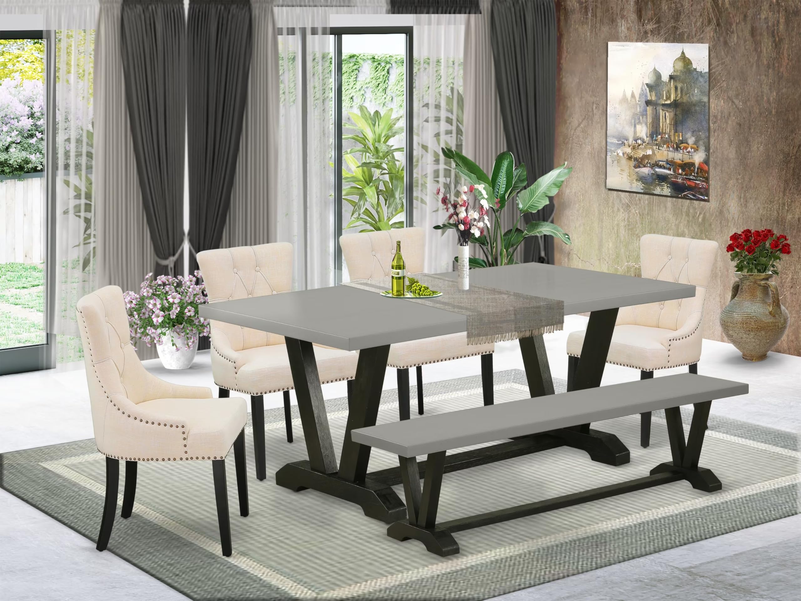East West Furniture V697Fr102-6 6 Piece Dining Table Set Contains A Rectangle Kitchen Table With V-Legs And 4 Light Beige Linen Fabric Parson Chairs With A Bench, 40X72 Inch, Multi-Color