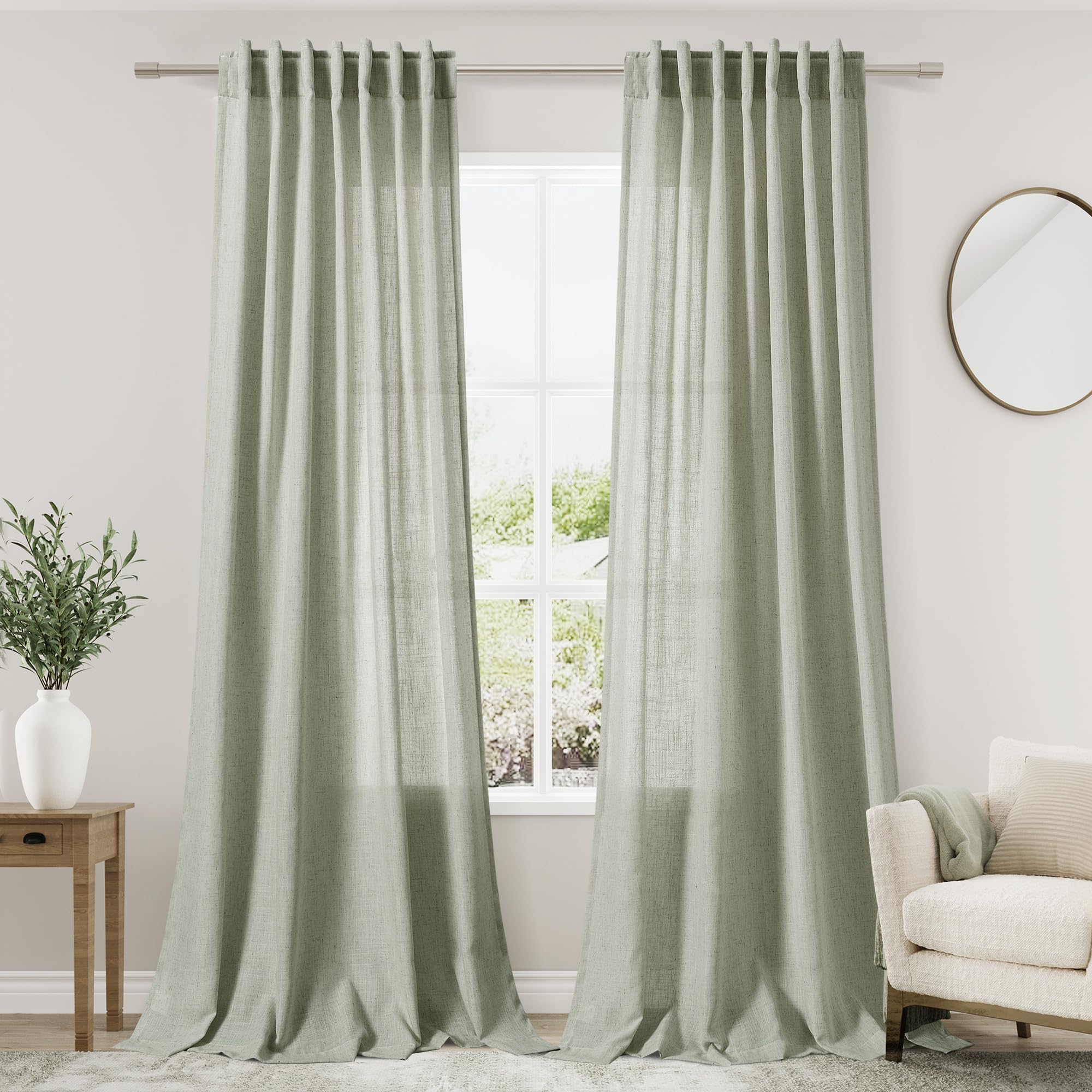 Sage Curtains 90 Inches Long 2 Panels For Living Room Back Tab Rod Pocket Semi Sheer Linen Draperies Muted Neutral Sage Green Ro
