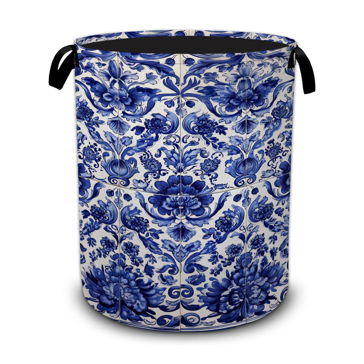 Blue and White Porcelain Laundry Basket,Flowers Foldable Oxford Laundry Hamper with Handles,Collapsible Clothes Storage Basket f