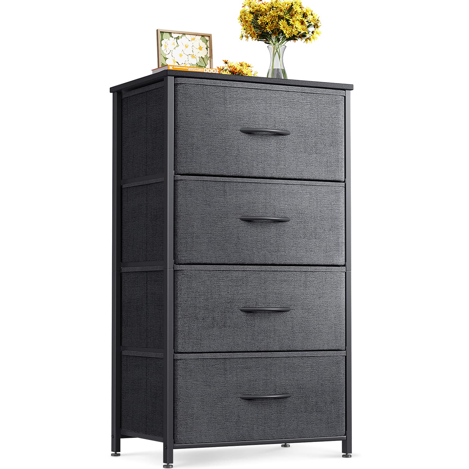 Odk Dresser For Bedroom With 4 Storage Drawers, Small Dresser Chest Of Fabric Drawers With Sturdy Steel Frame, Wood Top, Dark Grey