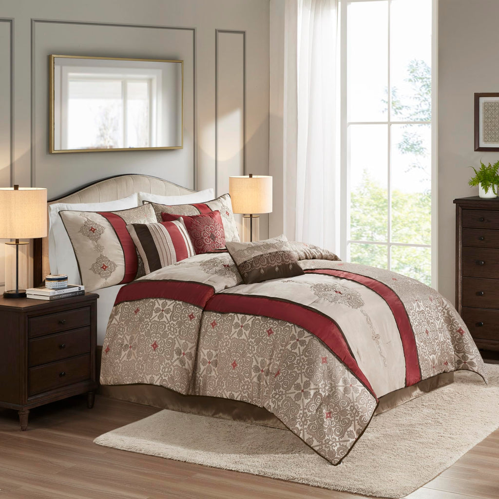 Madison Park Comforter Faux Silk-Traditional Luxurious Jacquard Design All Season Set, Matching Bed Skirt, Decorative Pillows, King(104'X92'), Red 7 Piece