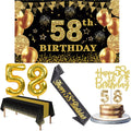 58th Birthday Decorations Men Women with 58th Birthday Banner, Black and Gold Table Cloth, Number Balloons, Large Sash, Cake Top