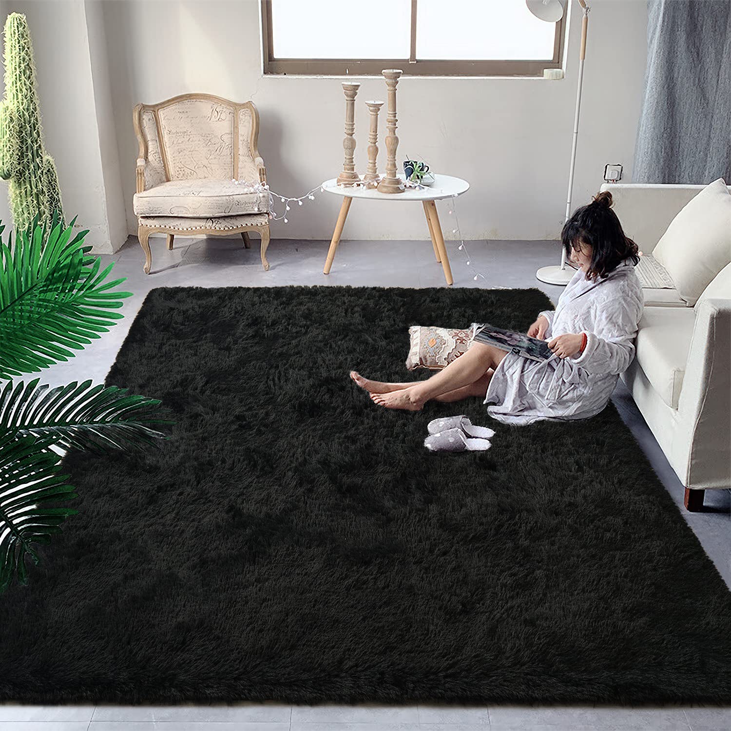 DweIke Fluffy Shaggy Area Rug, Black Plush Rugs for Living Room Bedroom, Soft Carpets for Kids Girls Boys Room, Extra Large Fuzz