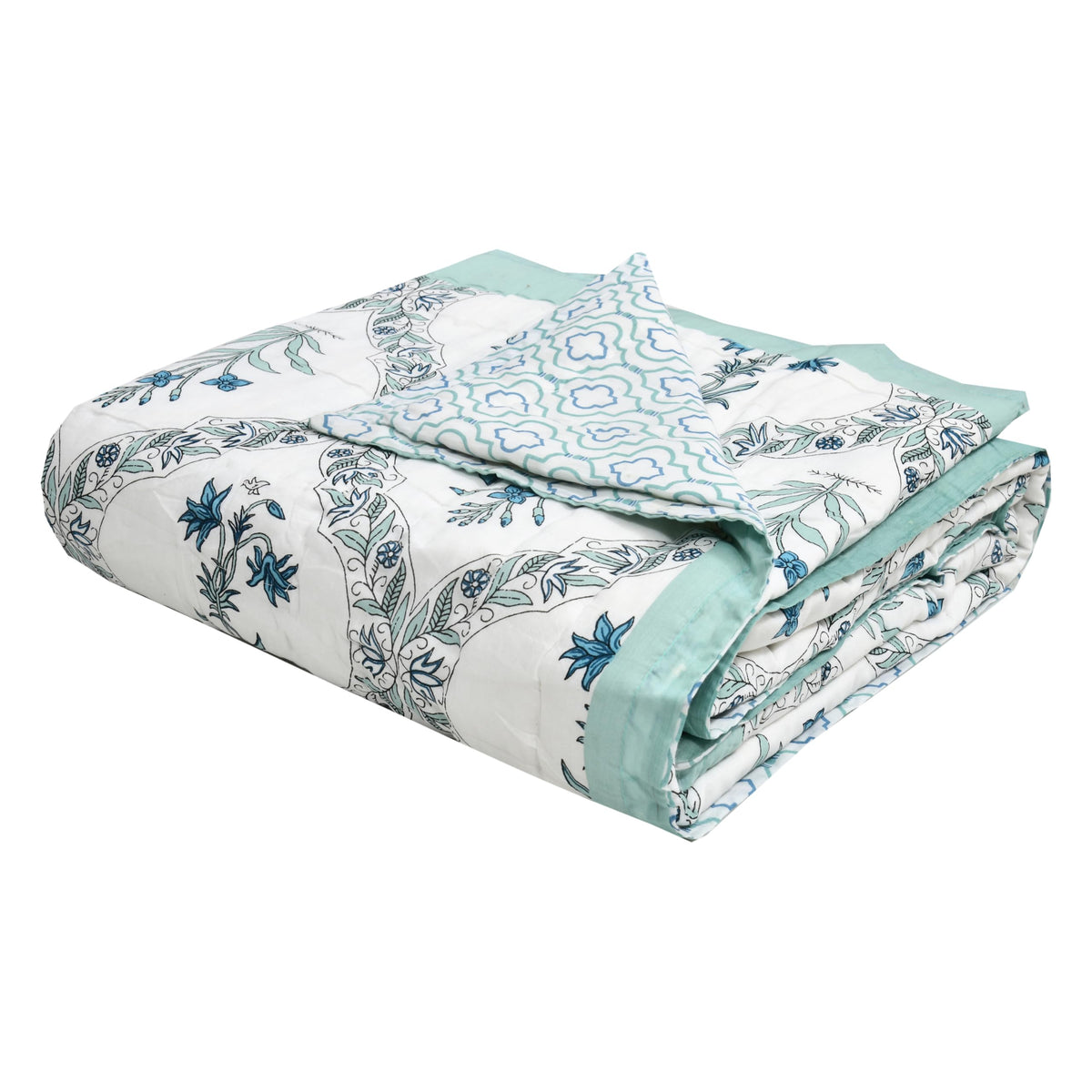BLOCKS OF INDIA Cotton Single Size Quilt Hand Block Print for Light Winters (60x90 Inches) (Turq BEL)