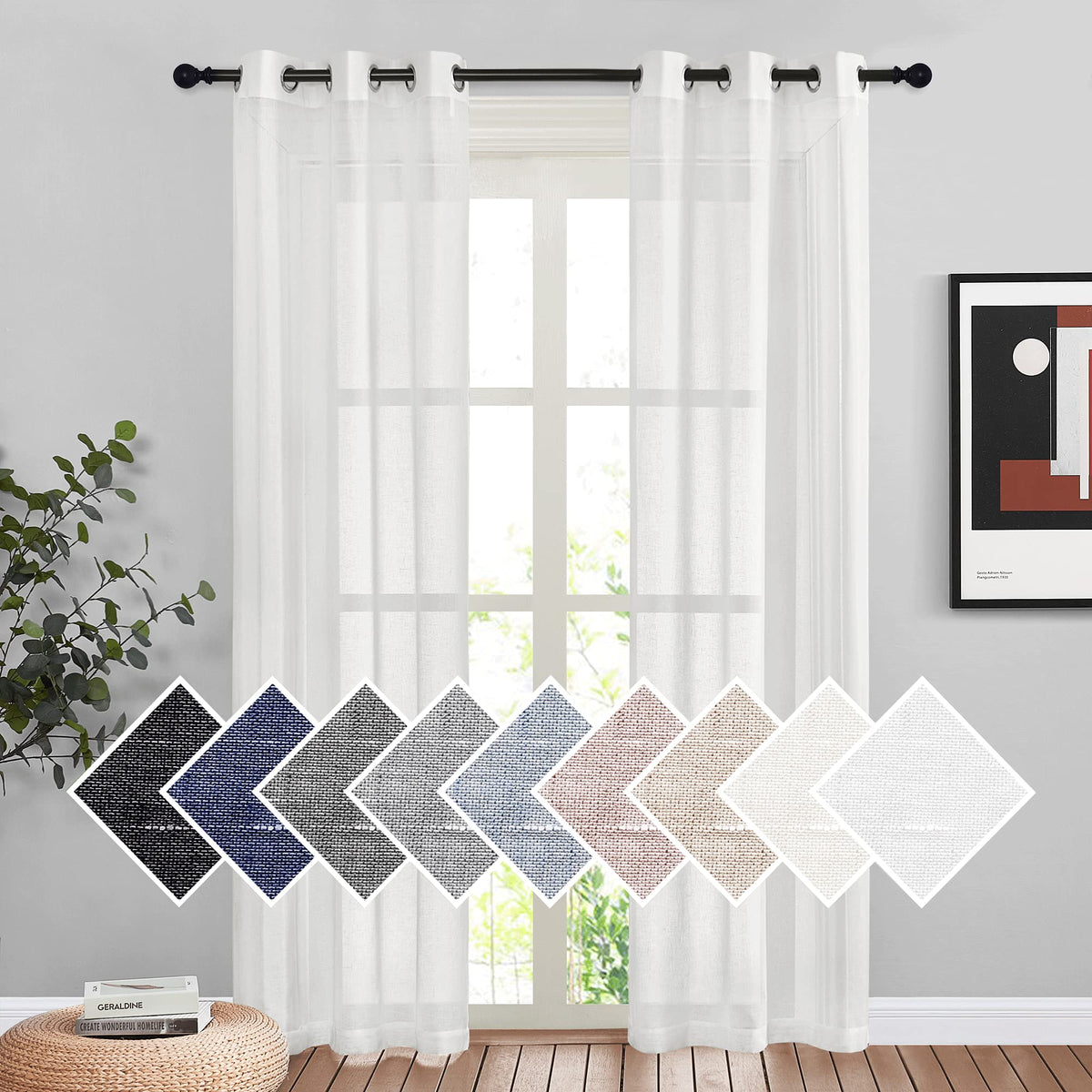 Nicetown White Sheer Linen Curtains 84 Inch Length, Grommet Semi Sheer Flax Texture Balance Privacy & Light Casual Vertical Drap