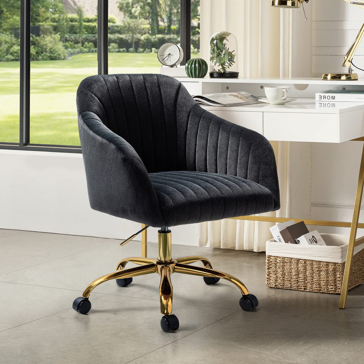 Hulala Home Velvet Home Office Desk Chair, Modern Cute Computer Task Chair, Wheels Swivel Height Adjustable Upholstered Vanity Chair For Women, Girls (Gold Base, Black)