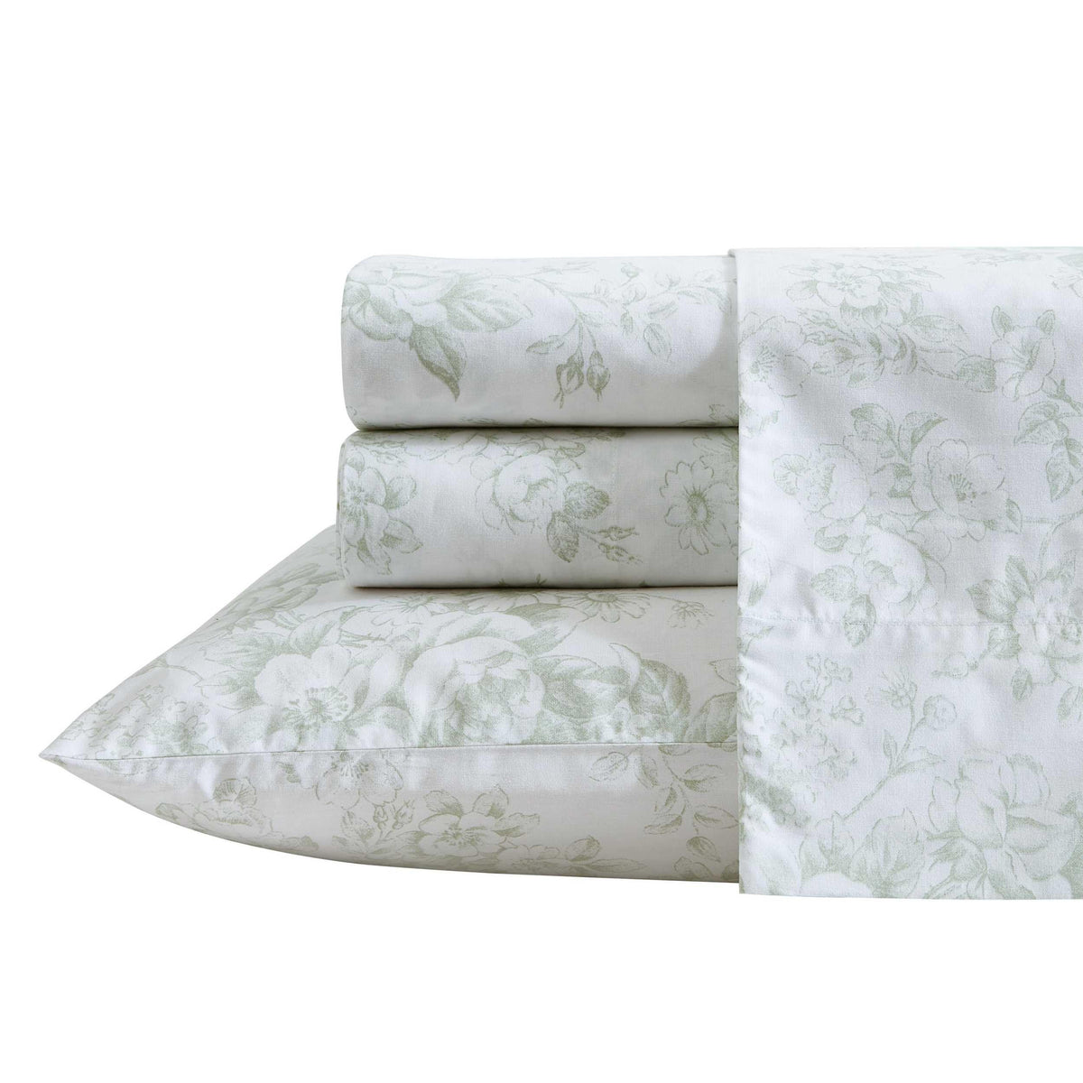 Laura Ashley - Twin Xl Sheets, Cotton Percale Bedding Set, Lightweight & Breathable Home Decor (Toile Delight Green, Twin Xl)