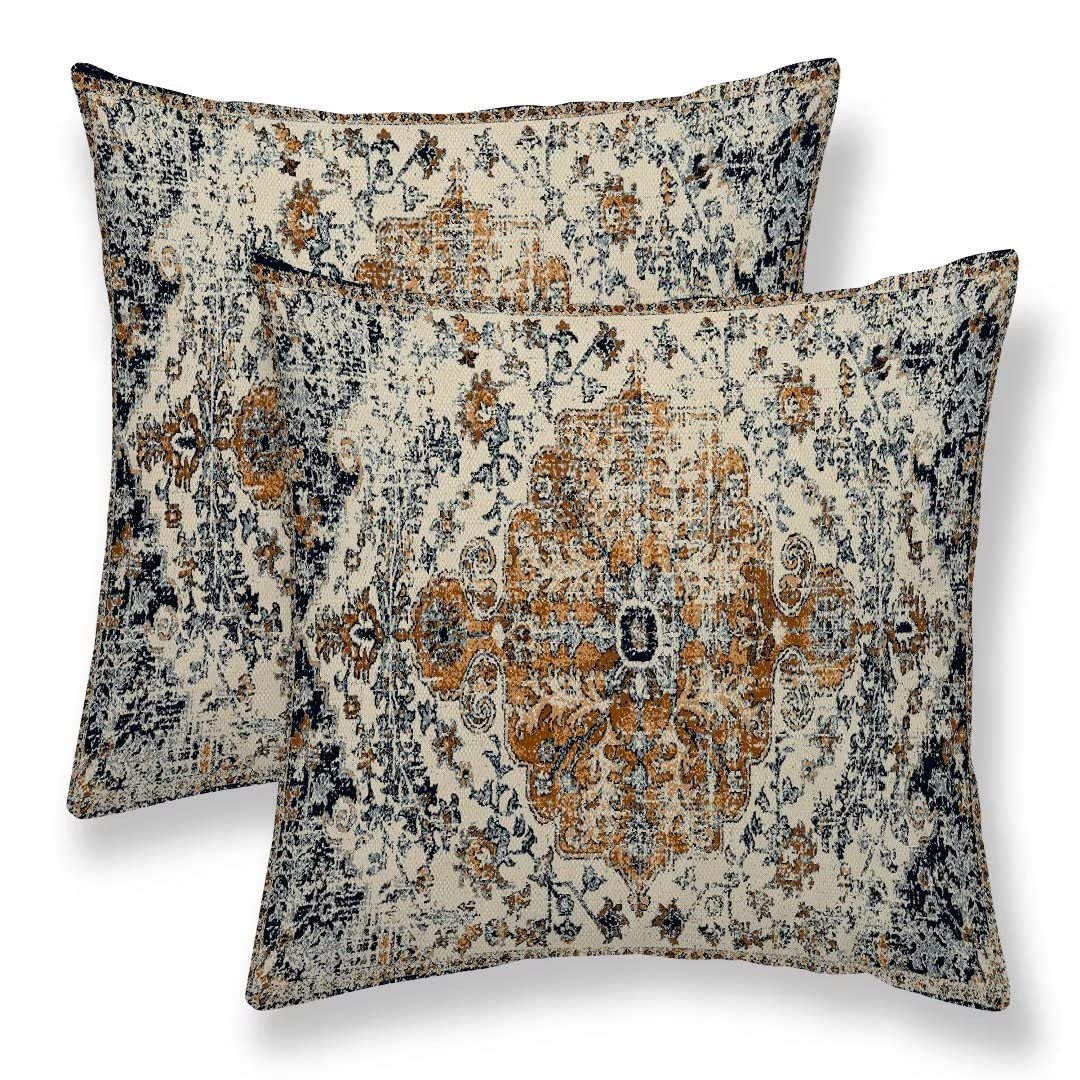 Sunshineyan Ethnic Boho Throw Pillow Covers 16X16 Set Of 2, Gold Blue Carpet Pattern Pillow Covers Rustic Farmhouse Cushion Case