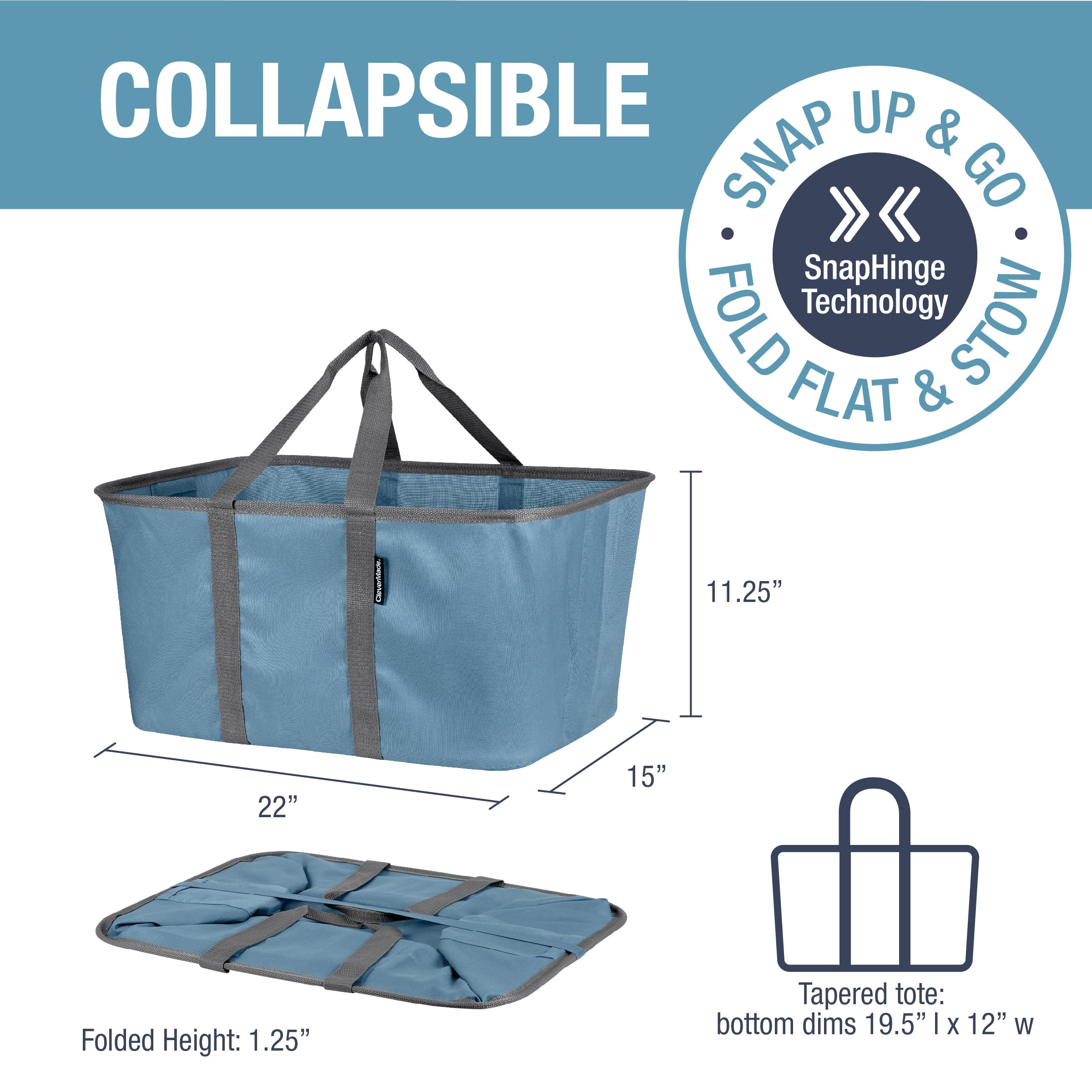 Clevermade Collapsible Laundry Tote, Denim/Charcoal 2Pk - 50L (13 Gal) Collapsible Laundry Baskets With Sturdy Pop-Up Wire Frame