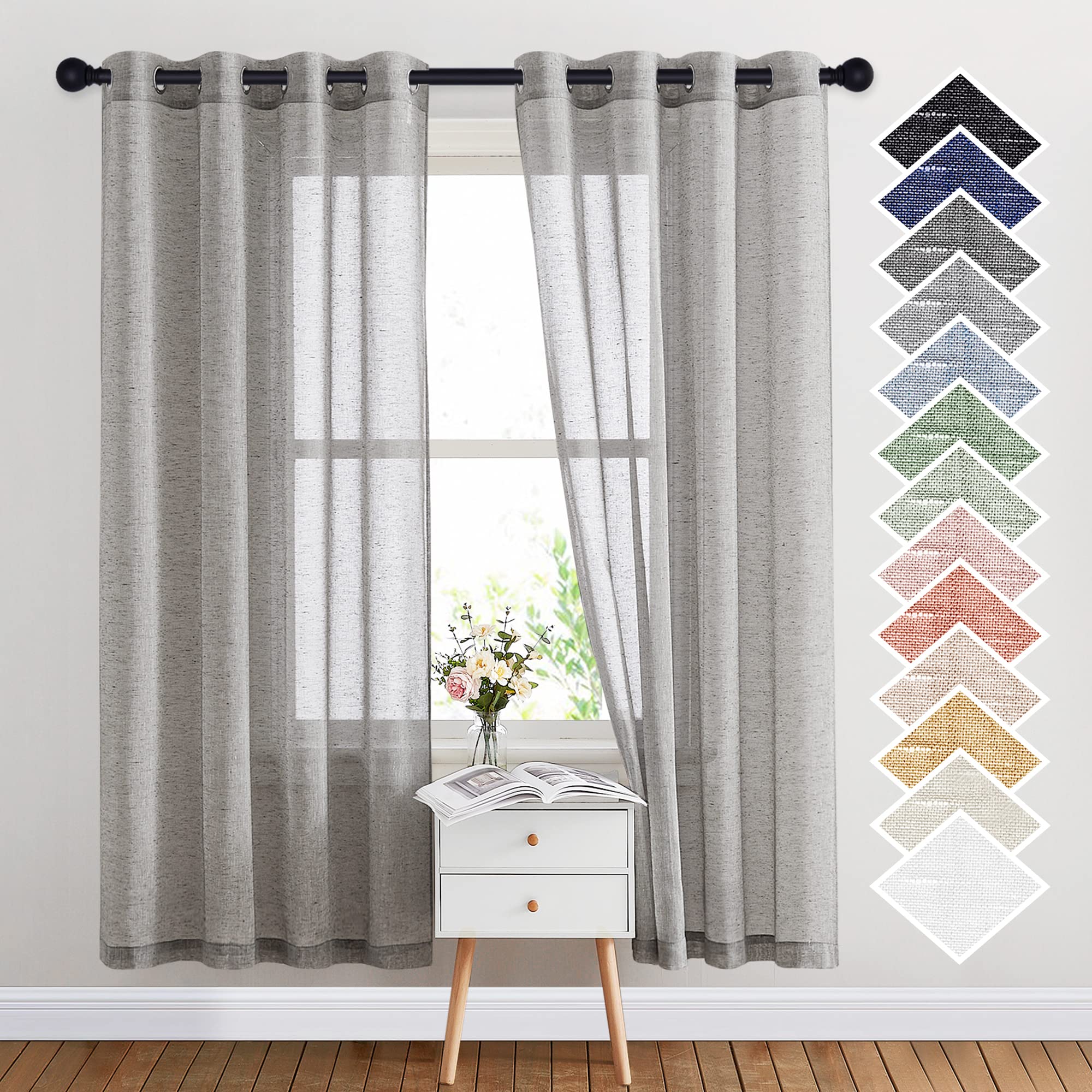 Nicetown Sheer Curtains Open Linen Blend For Bedroom Windows, Grommet Natural Linen Flax Texture Privacy With Light Filter Verti