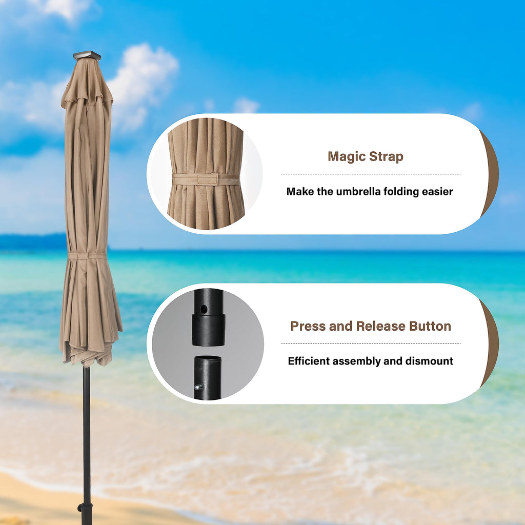 Yssoa 9' Solar Umbrella 32 Led Lighted Patio Umbrella Table Market Umbrellas With Push Button Tilt/Crank Outdoor For Garden, Deck, Backyard And Pool, Tan