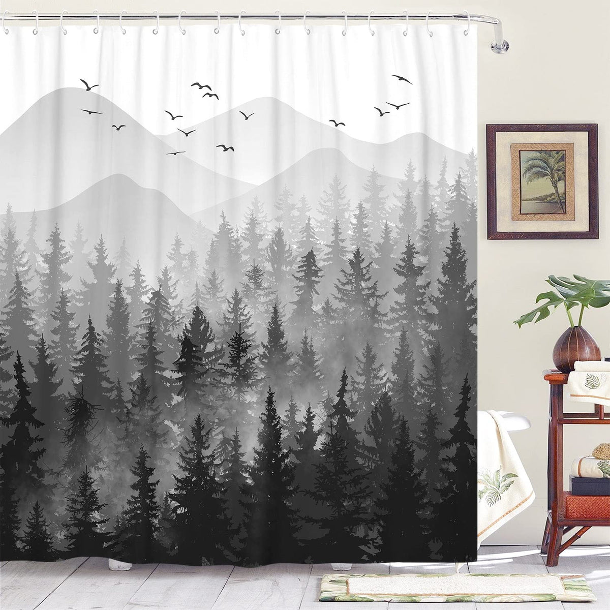 Accnicc Extra Long Black And White Misty Forest Shower Curtain Set Grey Gray Ombre Waterproof Fabric Shower Curtains Nature Tree