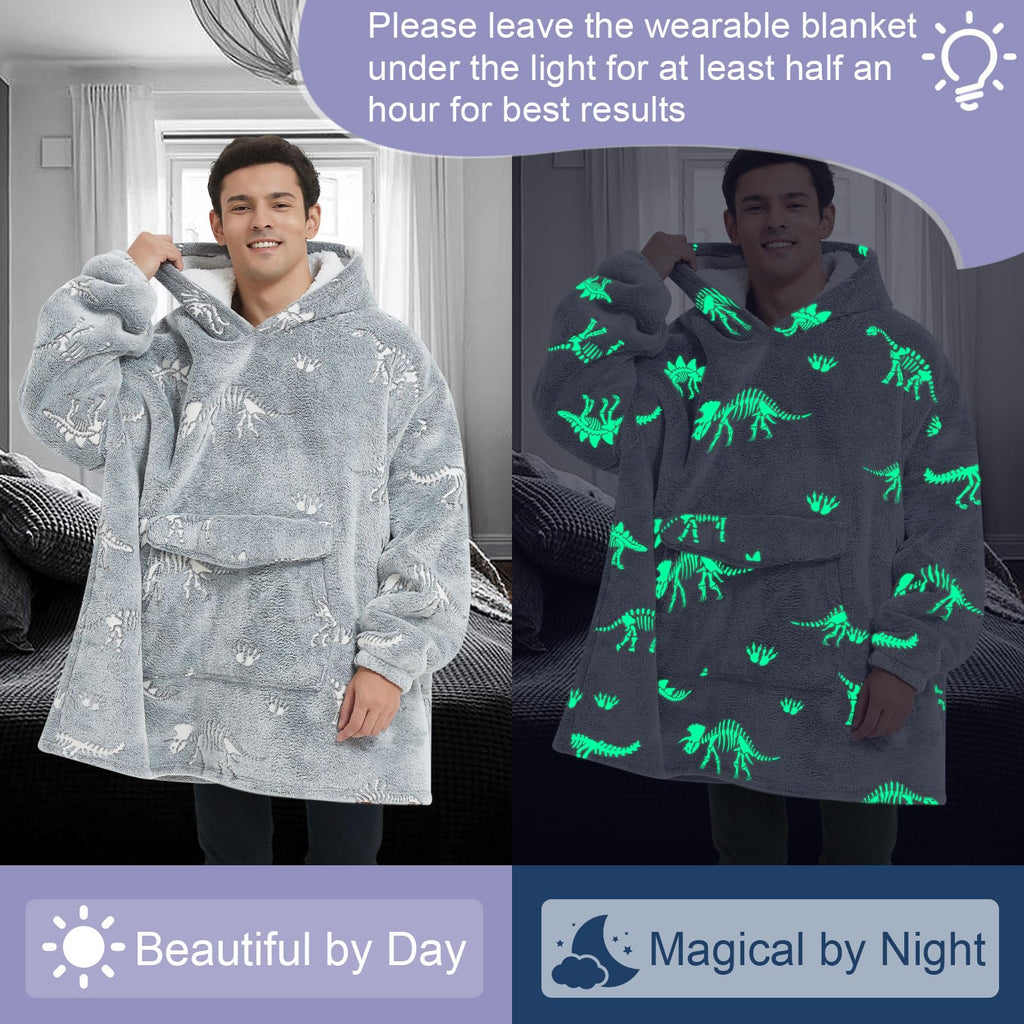 Fiosnow Glow In The Dark Dinosaur Fossil Blanket Hoodies For Women And Men Adult Oversize Wearable Blanket Hoodies For Soft And