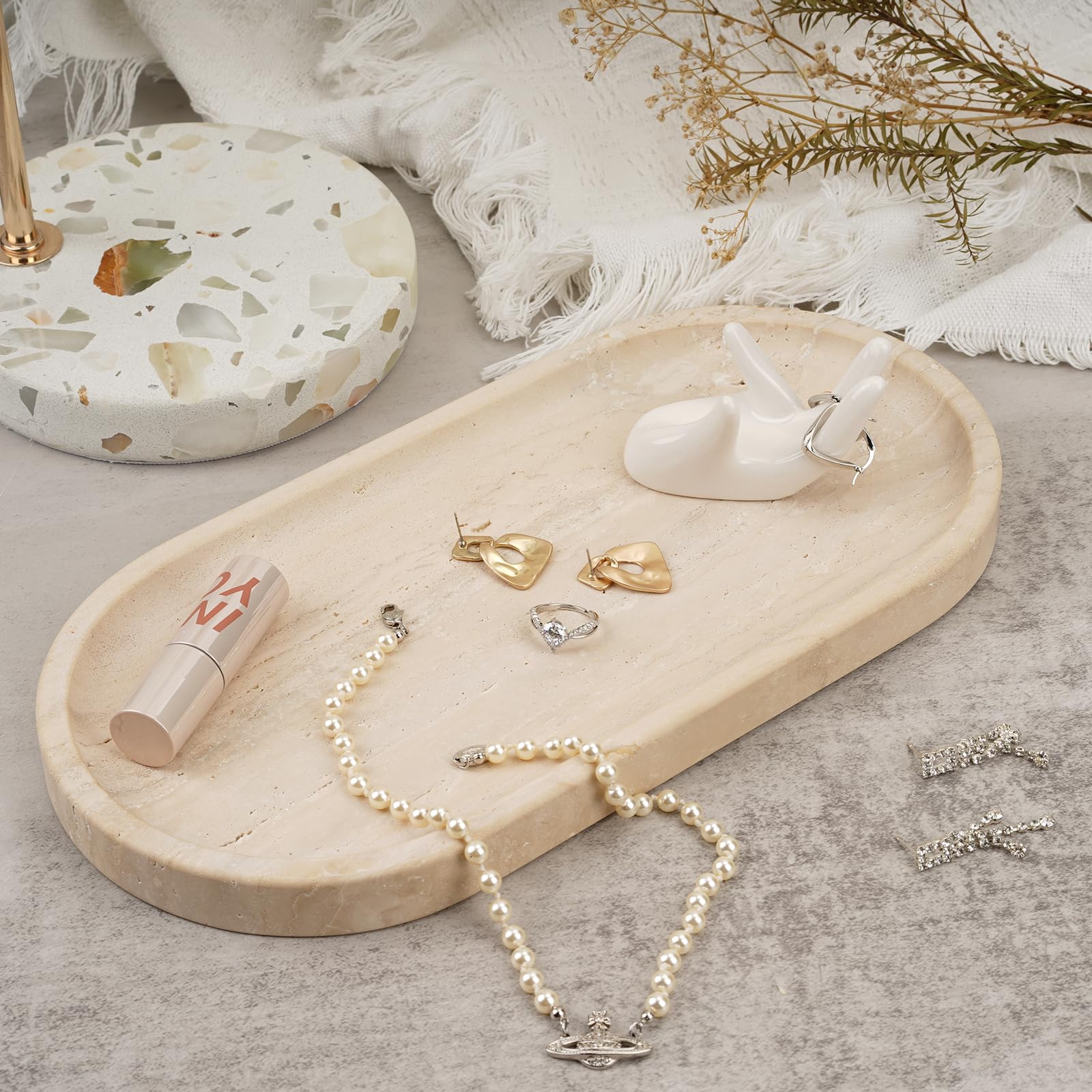 Koville Turkish Natural Travertine Tray, 12'' Vanity Decorative Tray For Countertop Organizer, Catchall Tray For Perfume, Candle