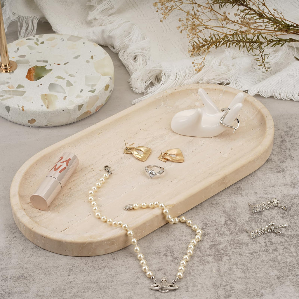 Koville Turkish Natural Travertine Tray, 12'' Vanity Decorative Tray For Countertop Organizer, Catchall Tray For Perfume, Candle