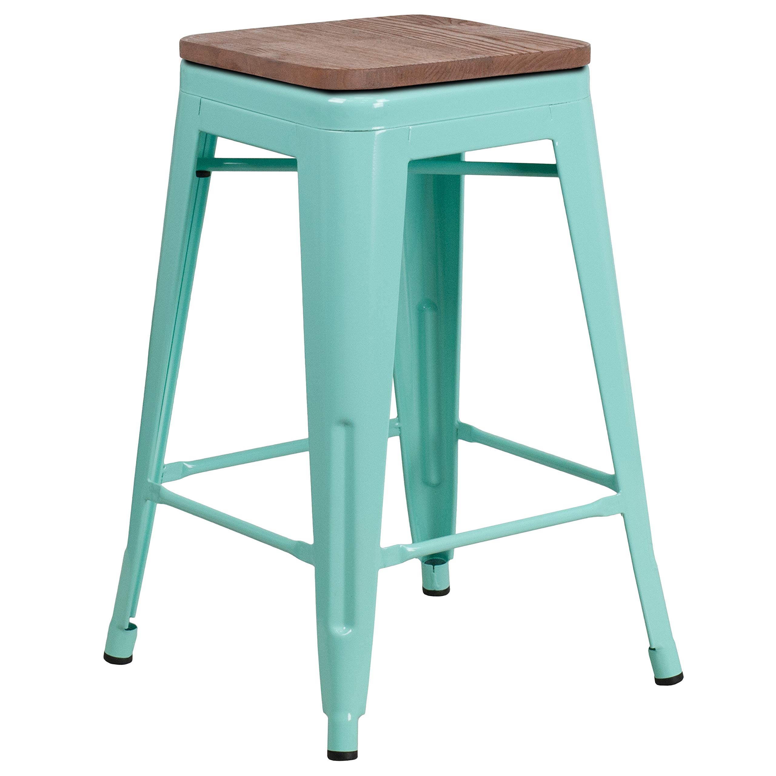 Flash Furniture Sinclair 24 High Backless Mint Green Counter Height Stool with Square Wood Seat