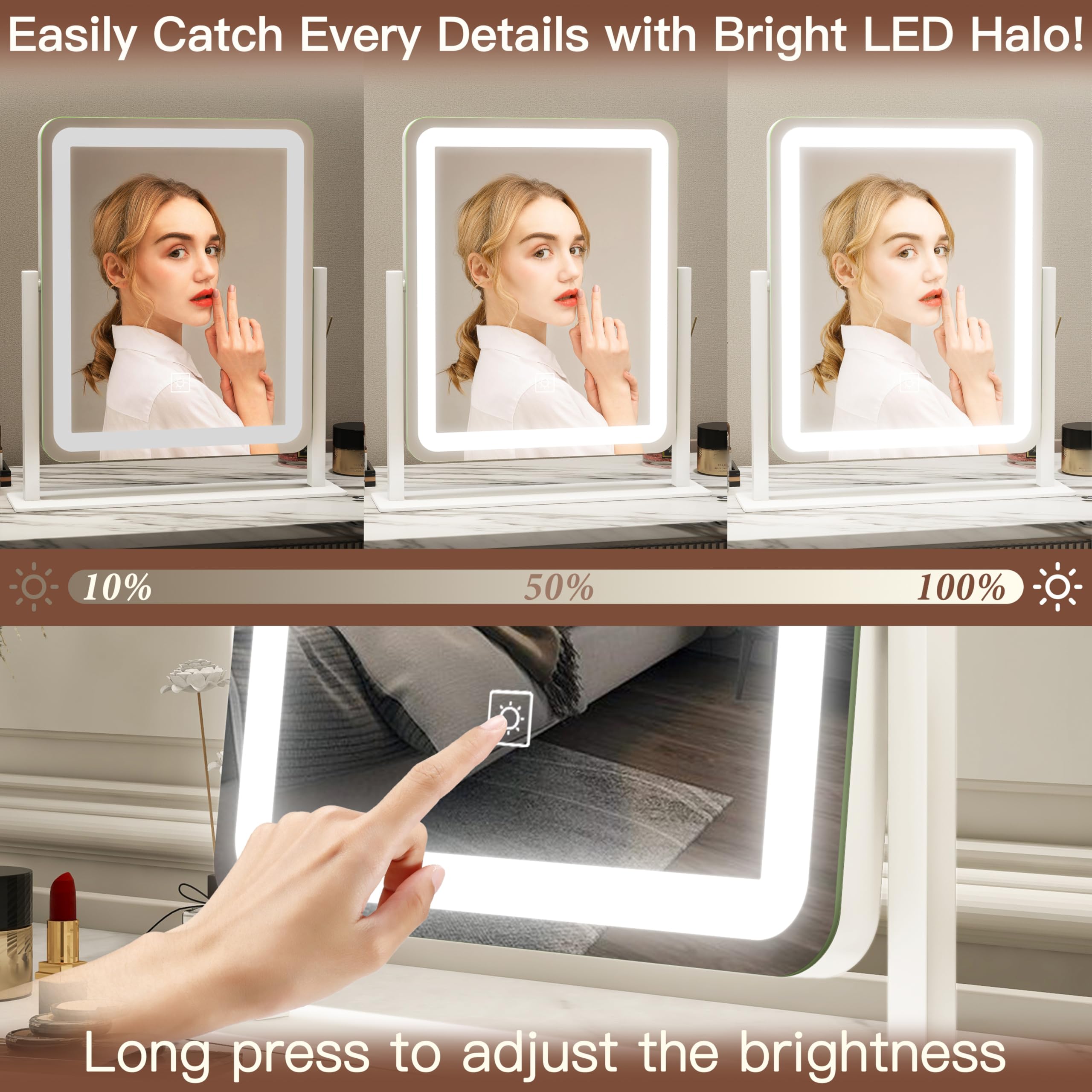 Fennio Vanity Mirror With Lights - 15'X12.6' Led Lighted Makeup Mirror, Large Makeup Mirror With Lights, Touch Screen With 3-C
