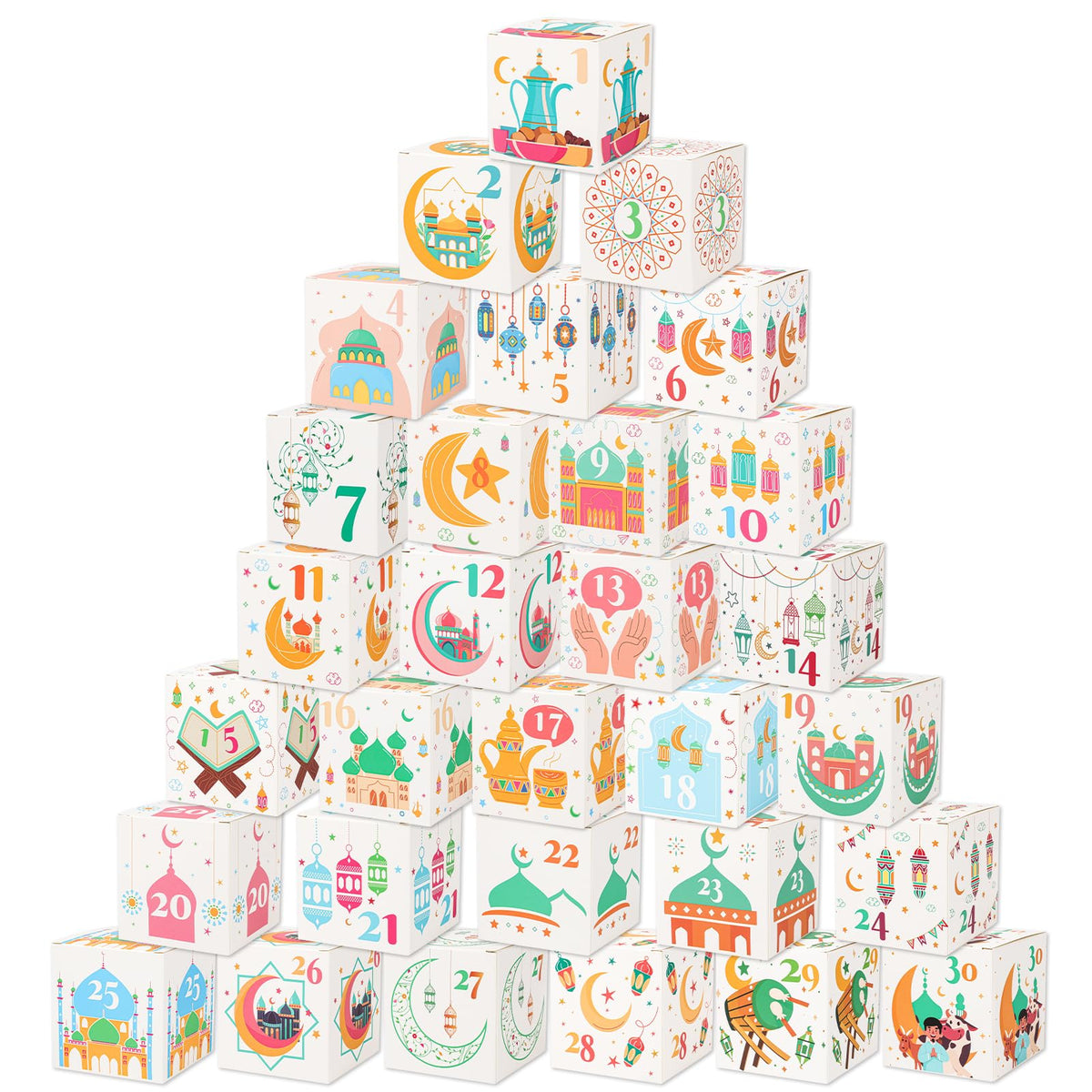 HOWAF 1-30 Ramadan Countdown Boxes, Ramadan Advent Calendar Decorations 30 Days DIY Gift Boxes, Ramadan Themed Number Boxes for 