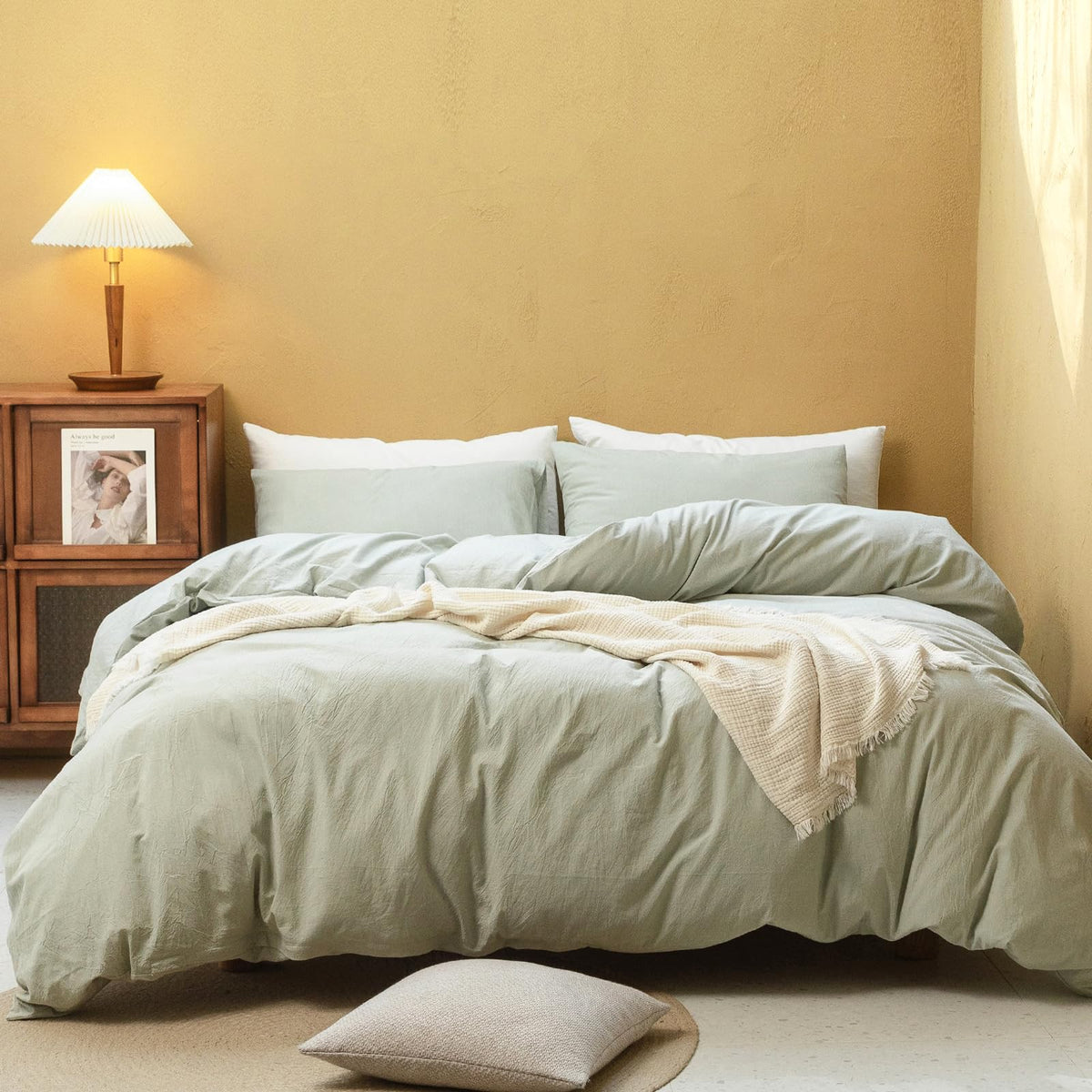 Fossa Duvet Cover Set 100% Washed Cotton Linen Feel Super Soft Breathable Cozy 3 Pieces Bedding Sets Solid Sage Green California
