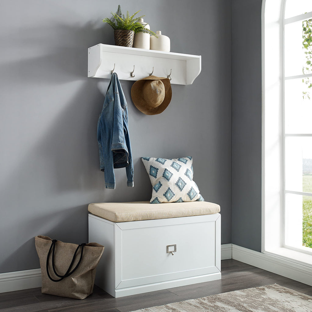 Crosley Furniture Harper 2-Piece Entryway Set With Shoe Rack Storage Bench And Wall Shelf With Coat Hooks, White
