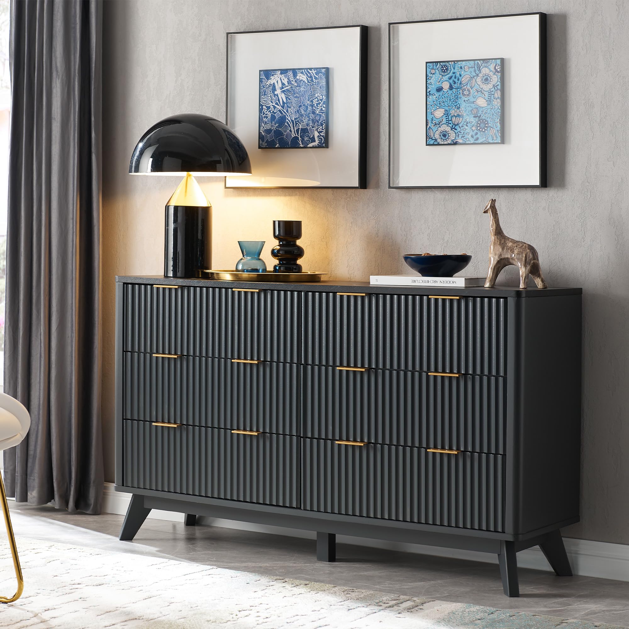 T4Tream Fluted 6 Drawers Dresser, 54' Wide Modern Chest Of Drawers With Faux Marble Top, Curved Profile Design, Dresser Tv Stand, Wood Drawer Organizer For Bedroom, Living Room, Hallway, Dark Grey