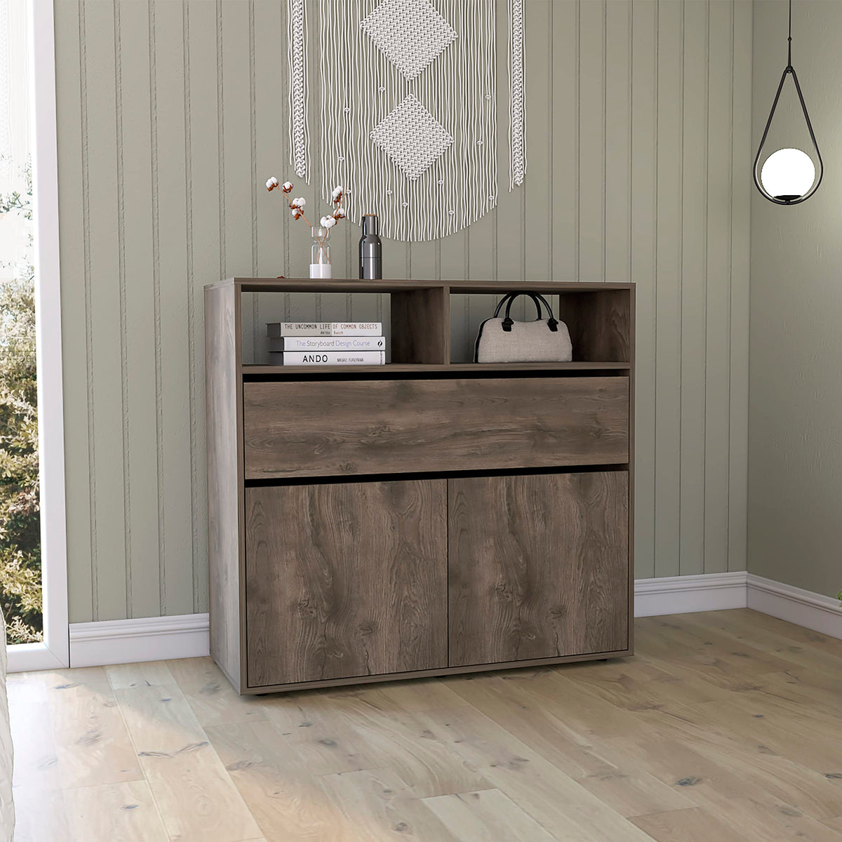 Canadian Dresser With Drawer, Double Door Cabinet, 3 Inner Shelves, And 2 Open Shelves, Dark Brown