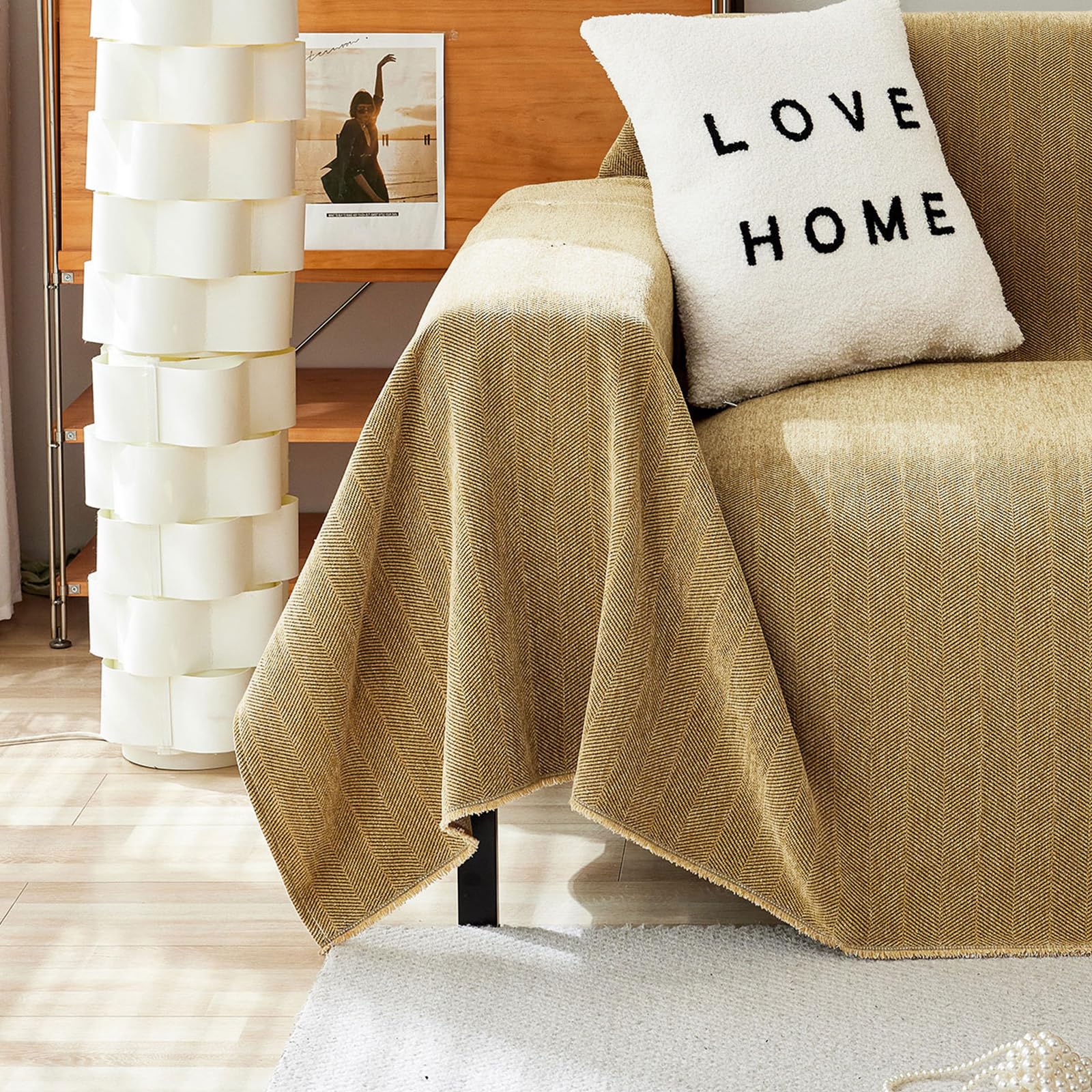 Handontime Couch Covers For Pets Boho Mustard Yellow Love Seat Couch Covers Brown Sofa Cover For Dogs Pet Couch Protector Chenille Tassel Sofa Slipcovers Sofa Throw Cover Boho Decor, 91' X134'