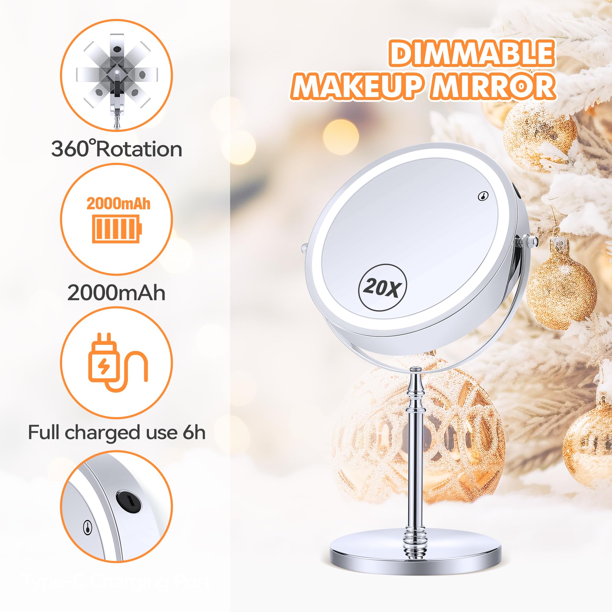 Miyadiva Lighted Makeup Mirror, 20X Magnifying Mirror With Light, Double Sided Makeup Mirror With 20X/1X Magnification, 360Rotat