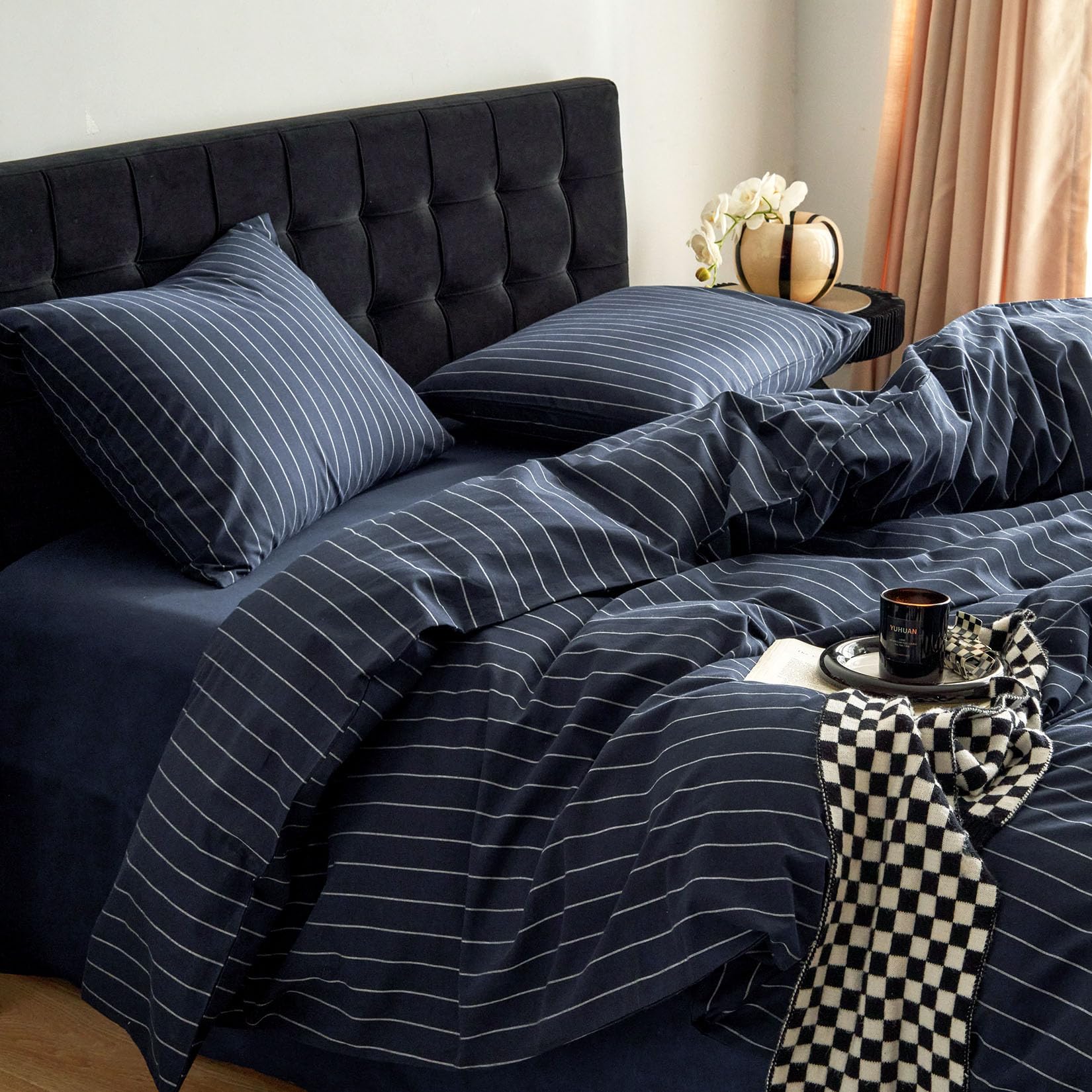 Wake In Cloud - Striped Cotton Duvet Cover Set, Ticking Stripe Vertical Pinstripe Farmhouse, 100% Washed Cotton Textured Percale