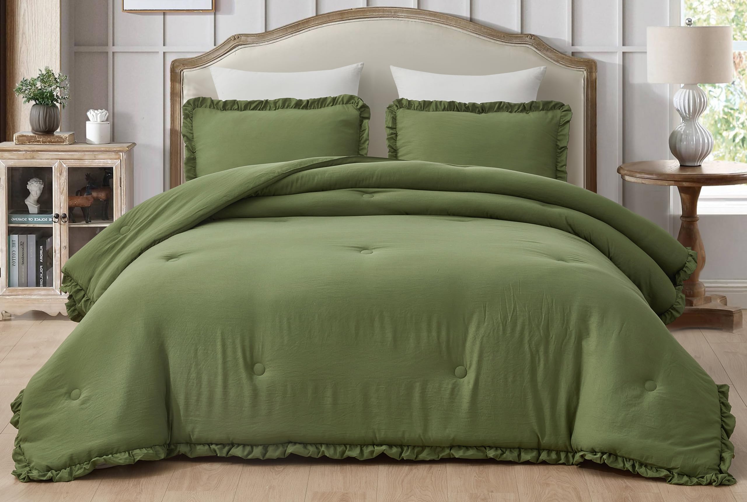 Chezmoi Collection Nora Olive Green Comforter Set Full Size 3-Piece Fluffy Soft Lightweight Bedding Ruffled Edge Trim Stone-Wash