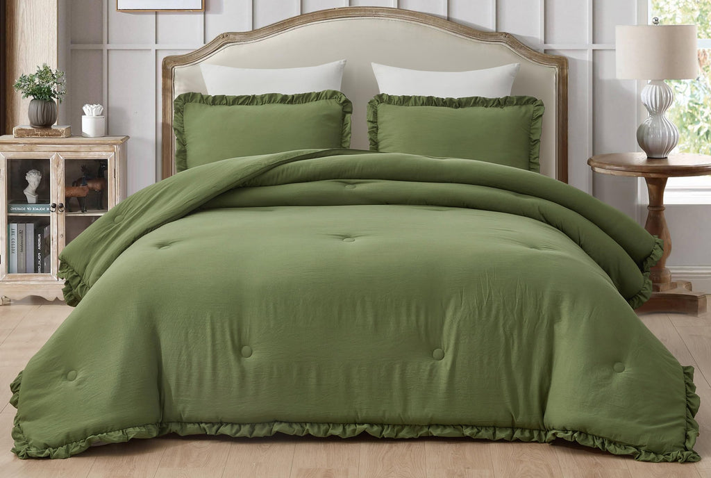 Chezmoi Collection Nora Olive Green Comforter Set Oversized Queen Size 3-Piece Fluffy Soft Lightweight Bedding Ruffled Edge Trim