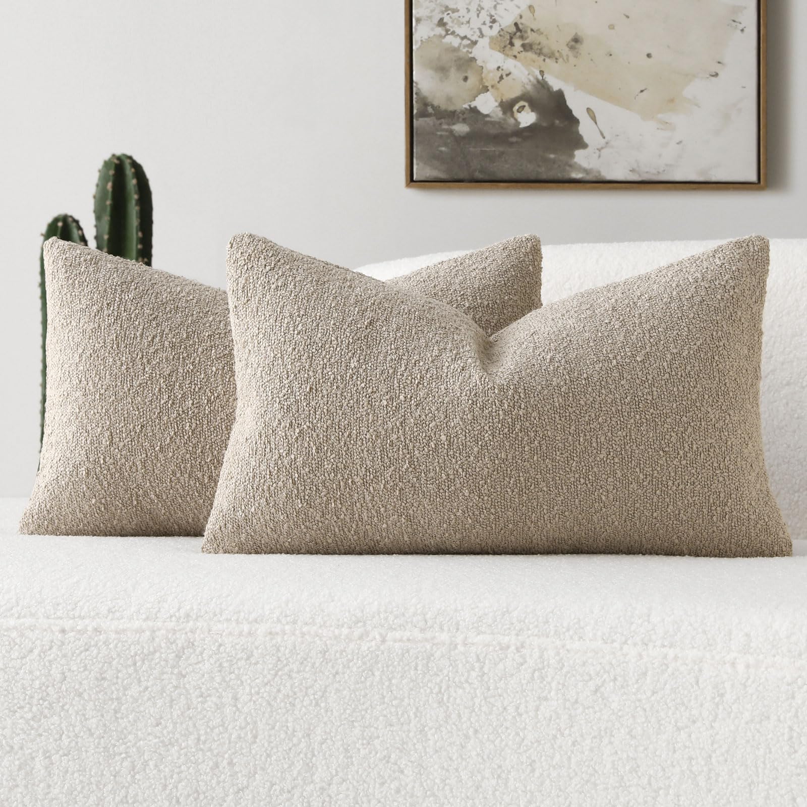 Futei Pack Of 2 Oatmeal Boucle Accent Decorative Throw Pillow Covers,24X24 Inch Soft Solid Textured Euro Pillow Shams,Home Decor