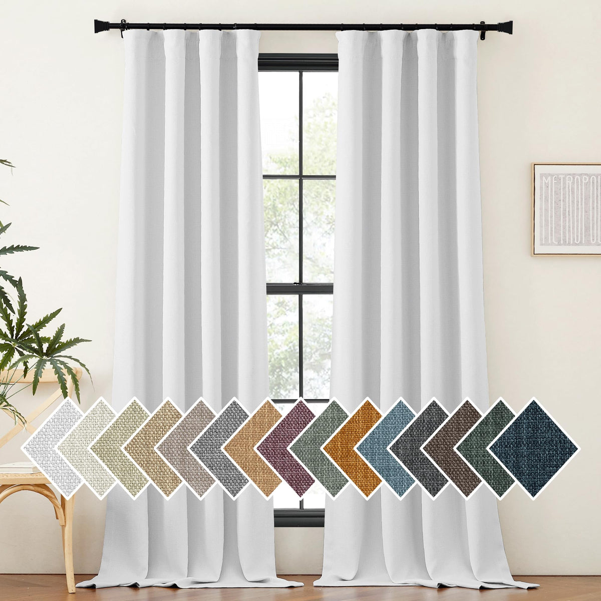 Nicetown Thick Faux Linen Greyish White Curtains 96 Inches Long, Dual Rod Pockets & Hook Belt Thermal Curtains Noise Reducing Wi