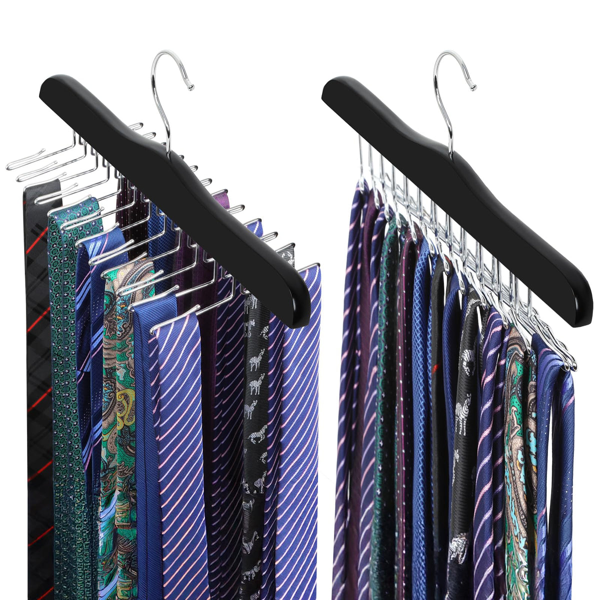 TOPIA HANGER Tie Rack Hanger for Closet 2 Packs, Wooden Tie Organizer for Men with 24 Folding Hooks, Space Saving Necktie Holder