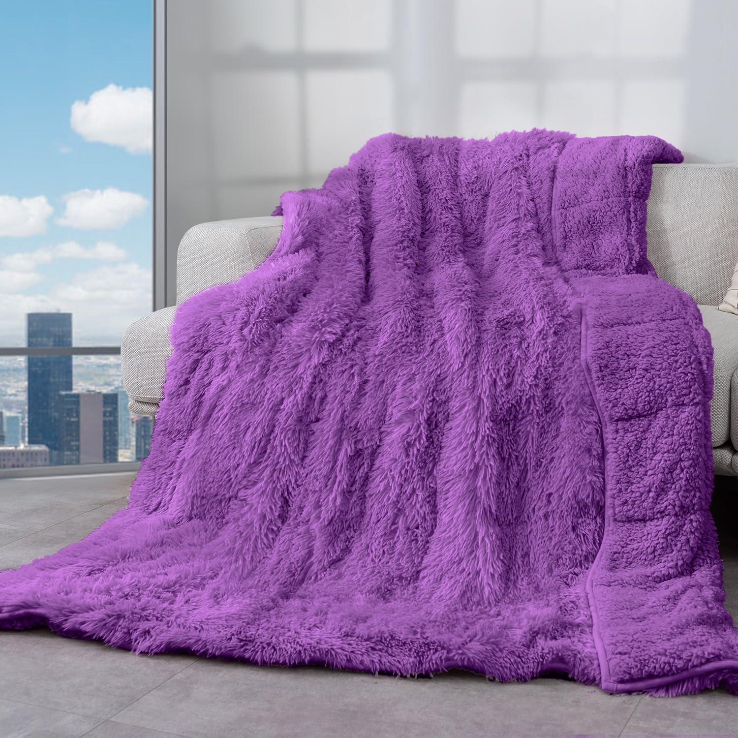 Cottonblue Weighted Blanket 15Lbs 48X72 Inches For Twin/Full Bed, Faux Fur Sherpa Weighted Blanket For Adults, Plush Cozy Bed Bl