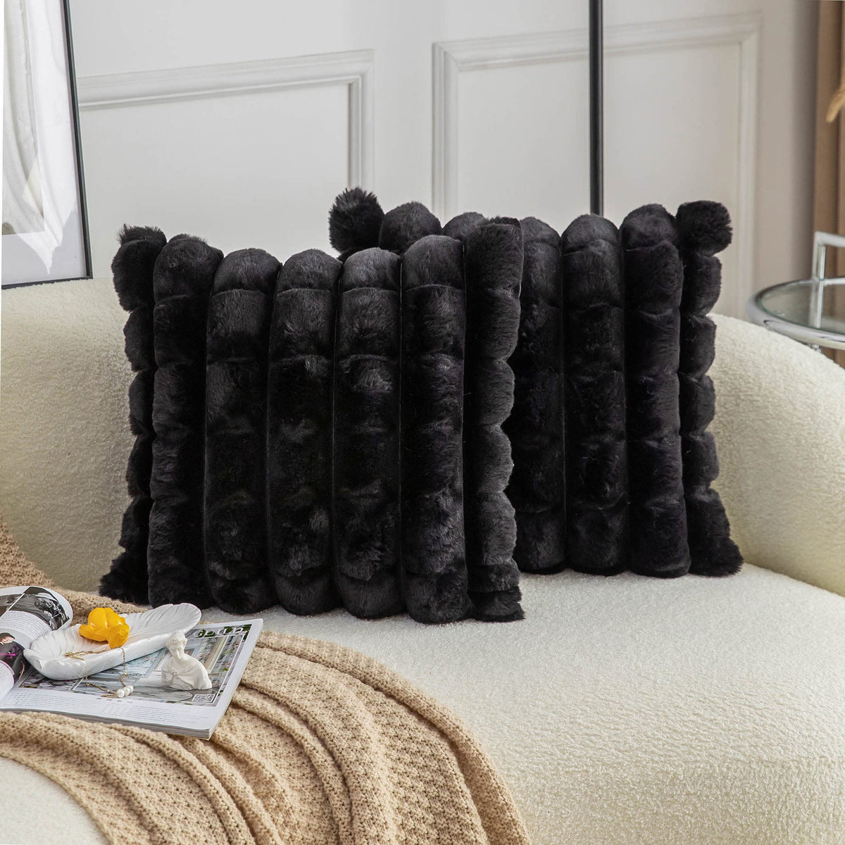 Neelvin Black Faux Fur Cozy Soft Plaid Decorative Throw Pillow Covers 18X18 Inch Set Of 2,Velvet Pillowcase Cushion Case For Sof
