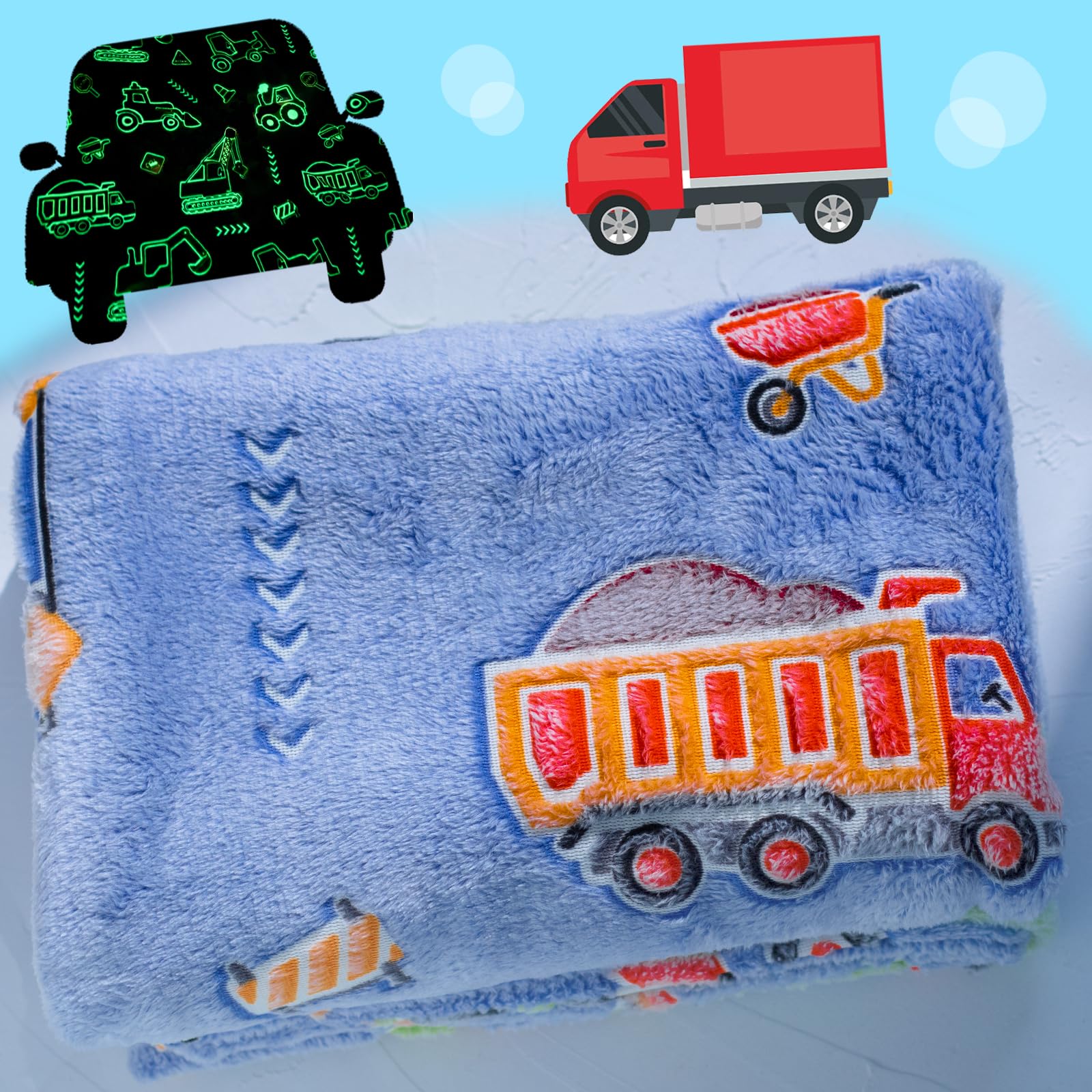 Christmas Car Theme Gifts for Kids Glow in The Dark Truck Blanket with Storage Bag, Soft Throw Blanket for Boys, Holiday & Birth