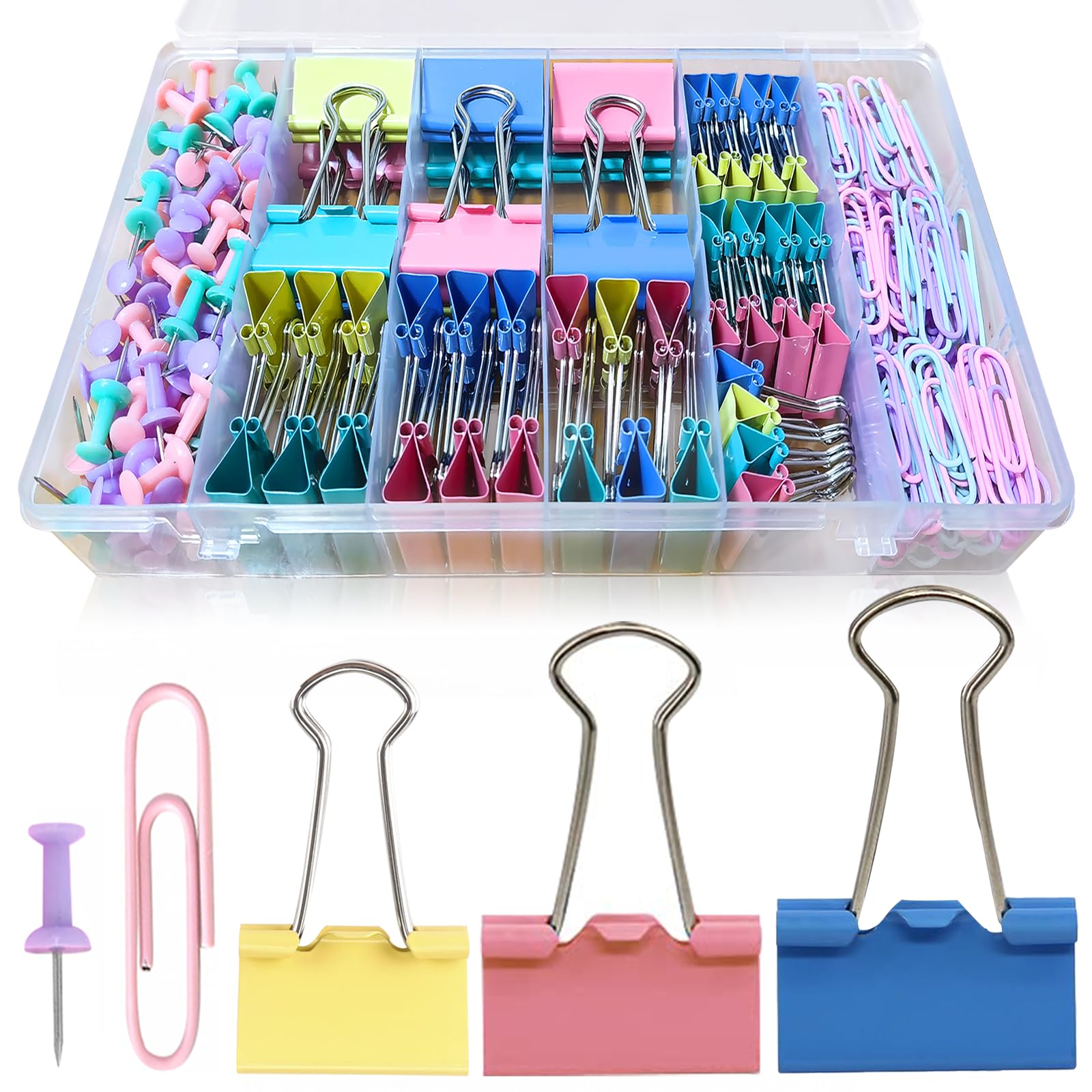 Paper Clips And Binder Clips Assorted Sizes, 240 Pcs Colored Office Clips Set Large Medium Small Paper Clamps Paperclips Push Pi