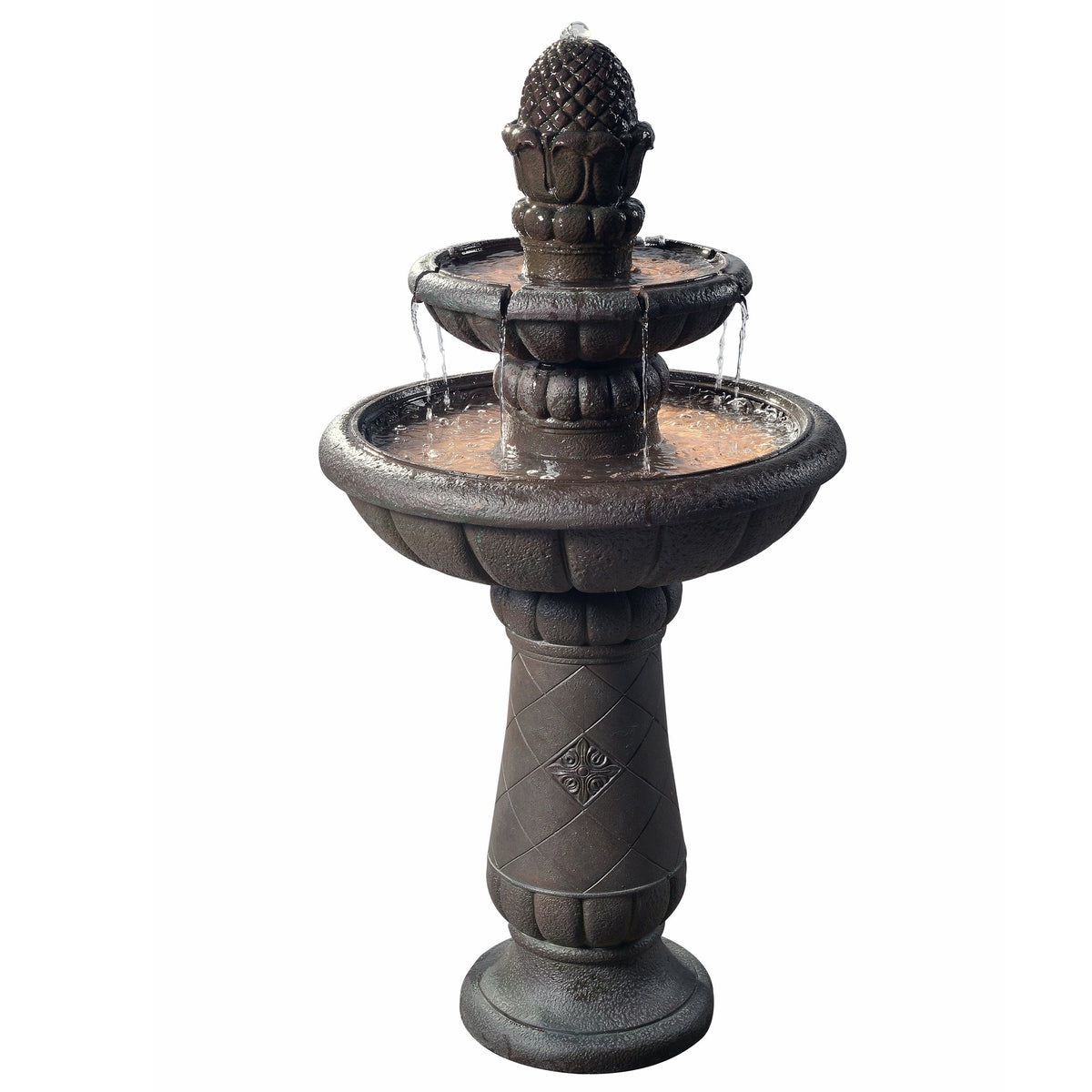 Teamson Home Deluxe Pineapple Pedestal 2 Tiered Floor Waterfall Fountain With Pump For Outdoor Patio Garden Backyard Decking, 39