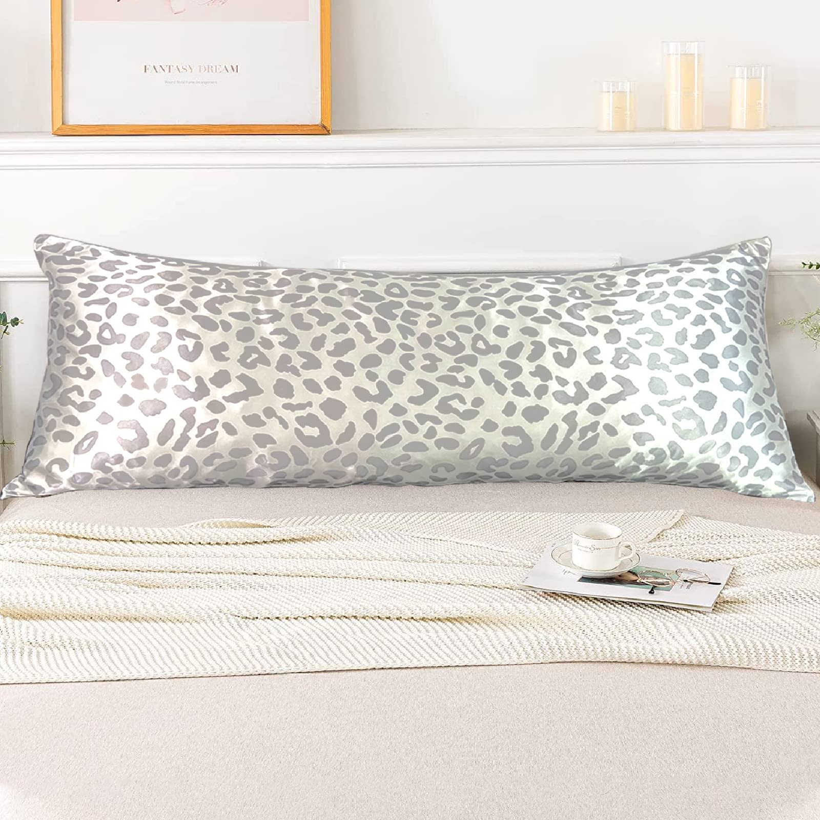 Lcbd Satin Body Pillow Case For Hair And Skin, Grey Leopard Printed Silk Satin Body Pillow Case Cover, 20X54 Body Cooling Pillow