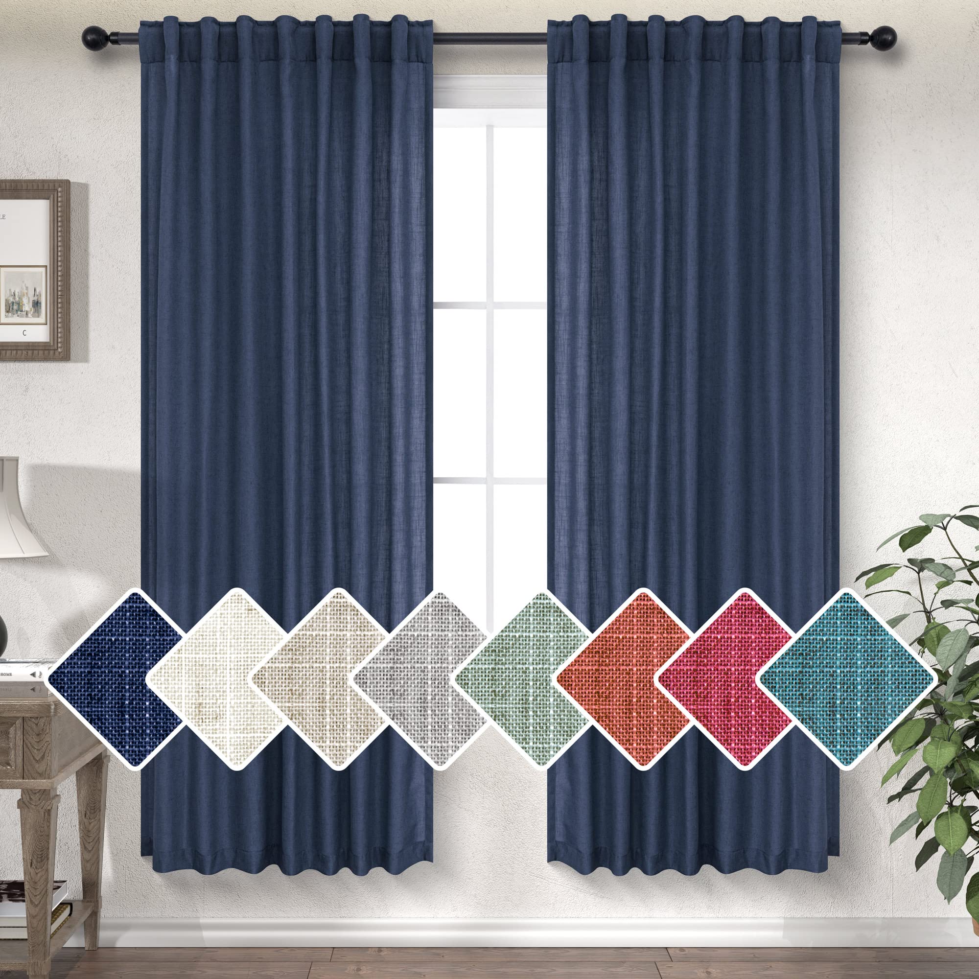 Dark Blue Curtains 63 Inch Length For Boys Bedroom 2 Panel Back Tab Pocket Lightweight Breathable Semi Transparent Light Reducin