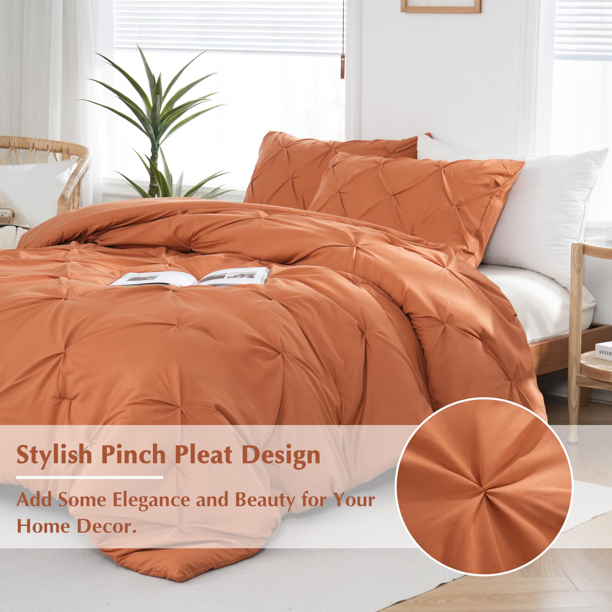 Downcool King Size Comforter Set - Burnt Orange Comforter King Size, 3 Pieces Pintuck Bedding Comforter Sets, Pinch Pleated Comf