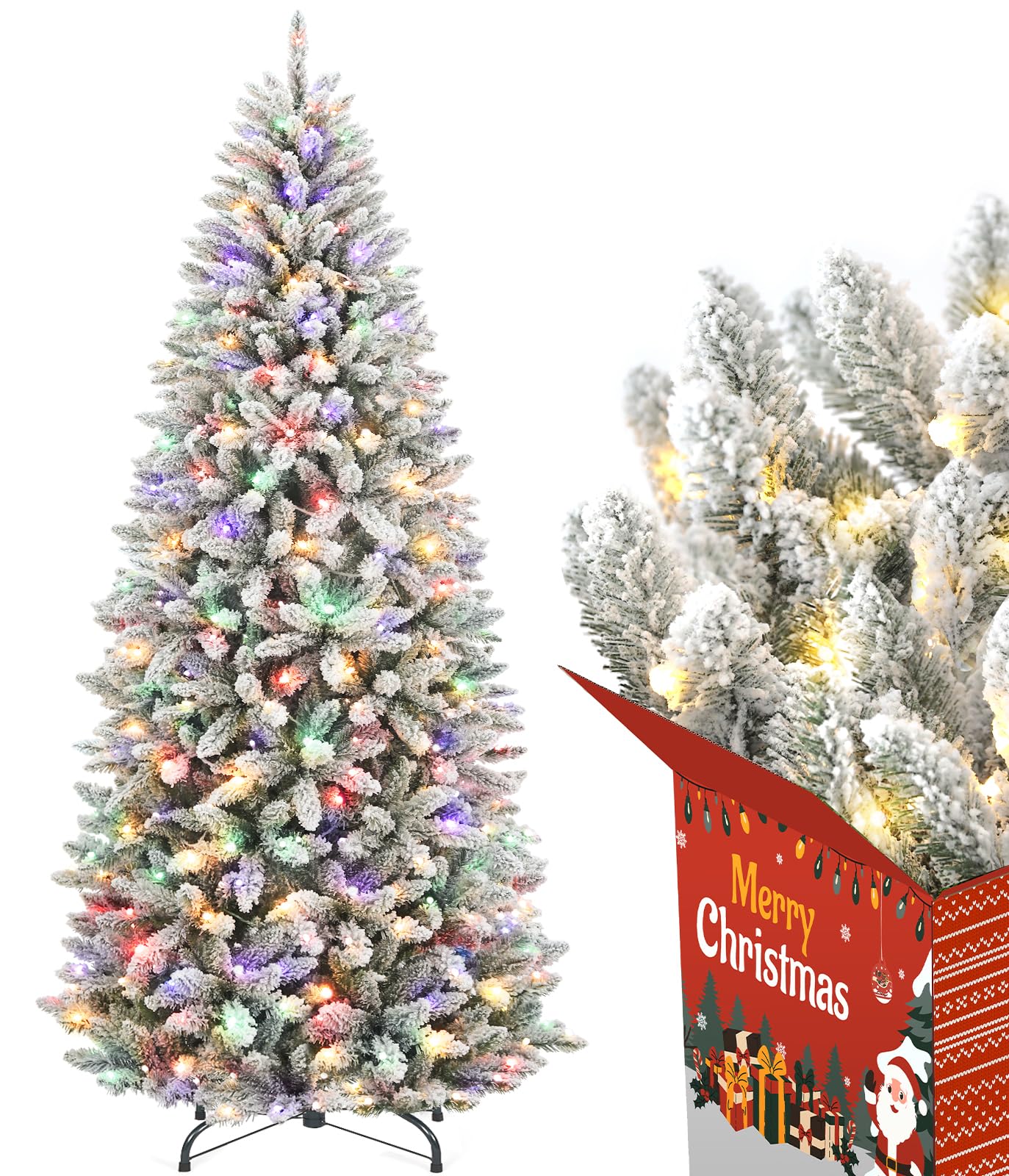 Flocked Christmas Tree with Slim Design,Prelit Christmas Tree with 710 Realistic Branch Tips and White Tree Skirt,Artificial Chr