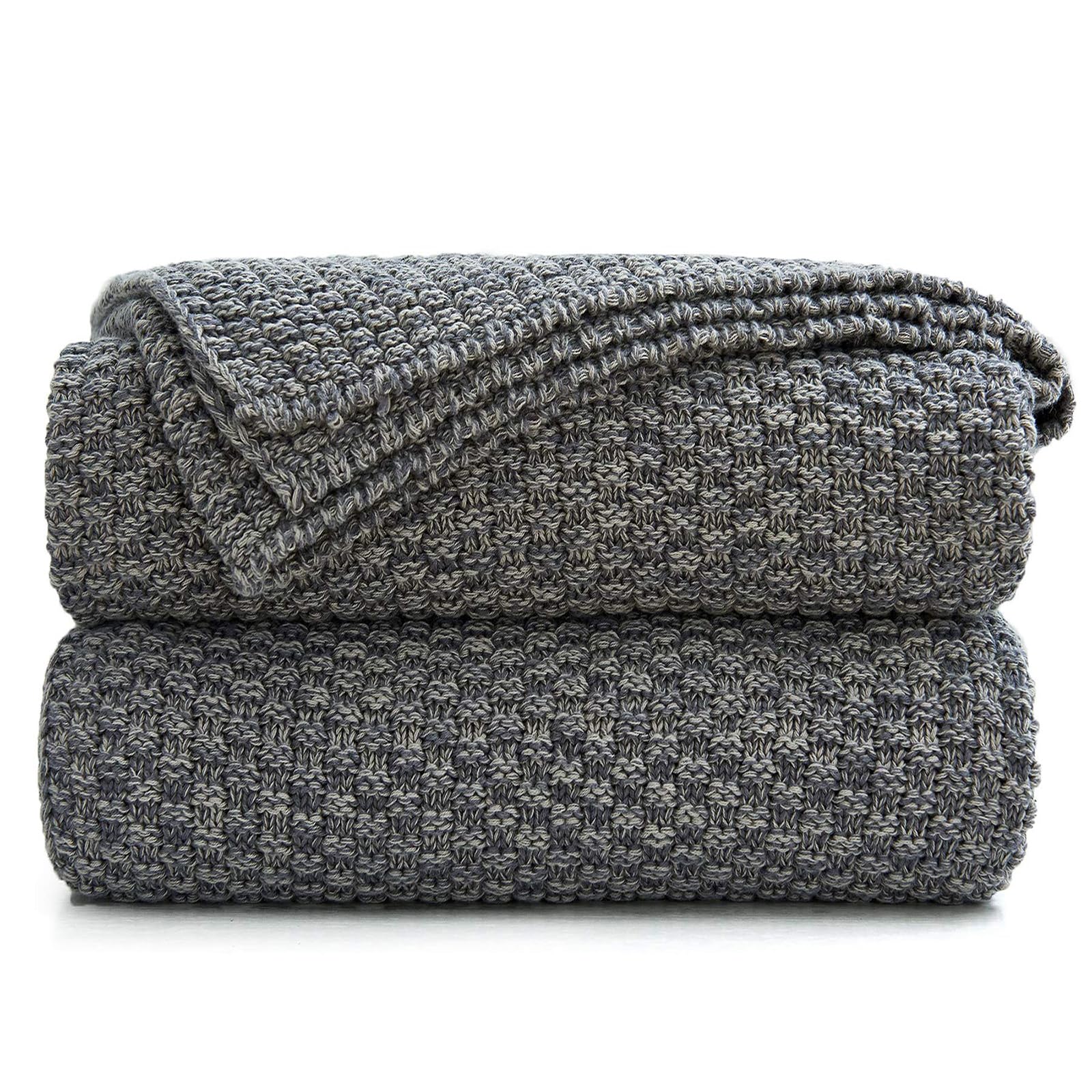 Longhui Bedding Grey Knitted Throw Blanket For Couch, Soft, Cozy Machine Washable 100% Cotton Sofa Knit Blankets, Heavy 3.0Lb We