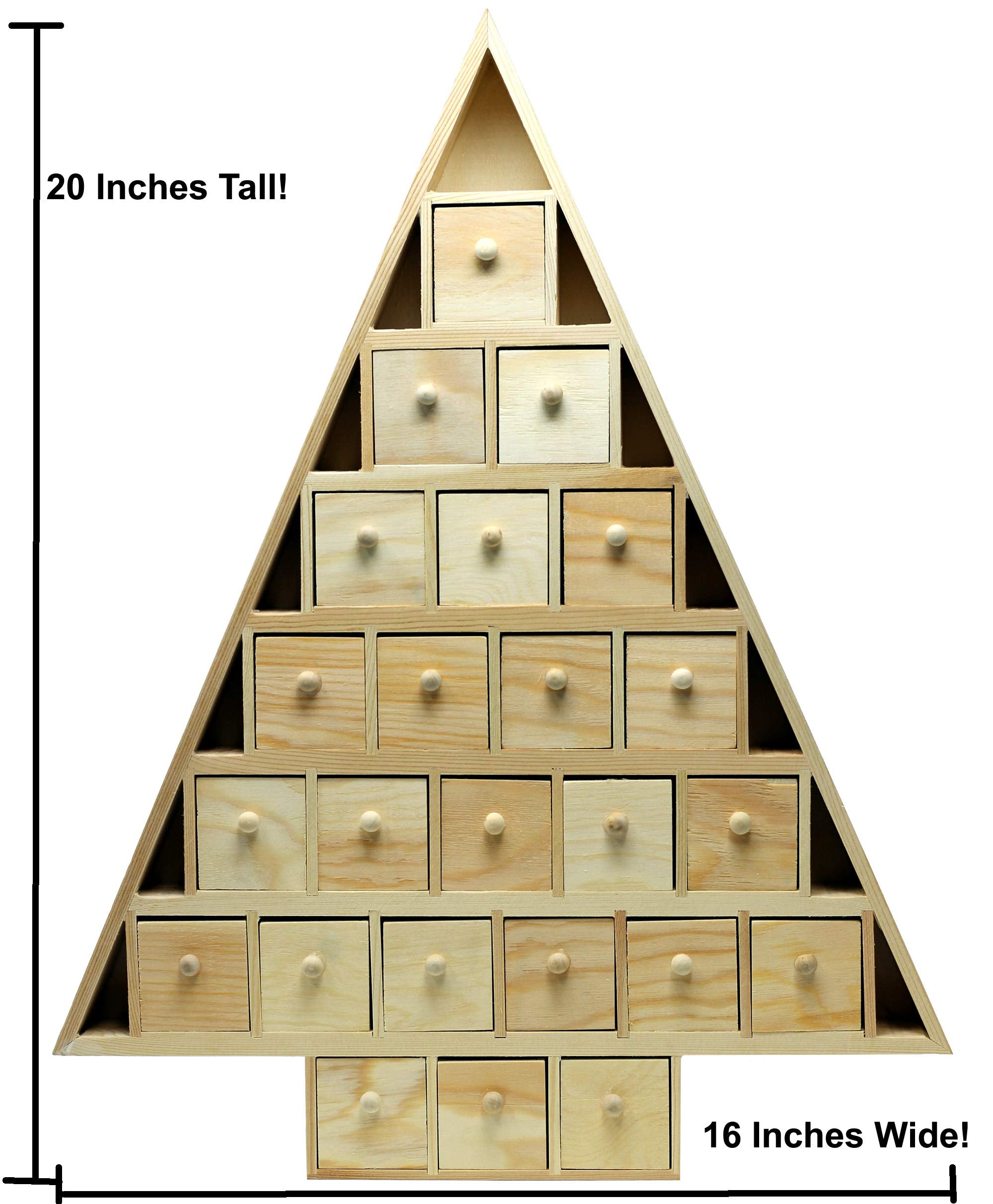 20 Inch Tall Christmas Tree Shaped Advent Calendar - Countdown With 24 Removable, Fillable Drawers | Unfinished Wood, Ready To D